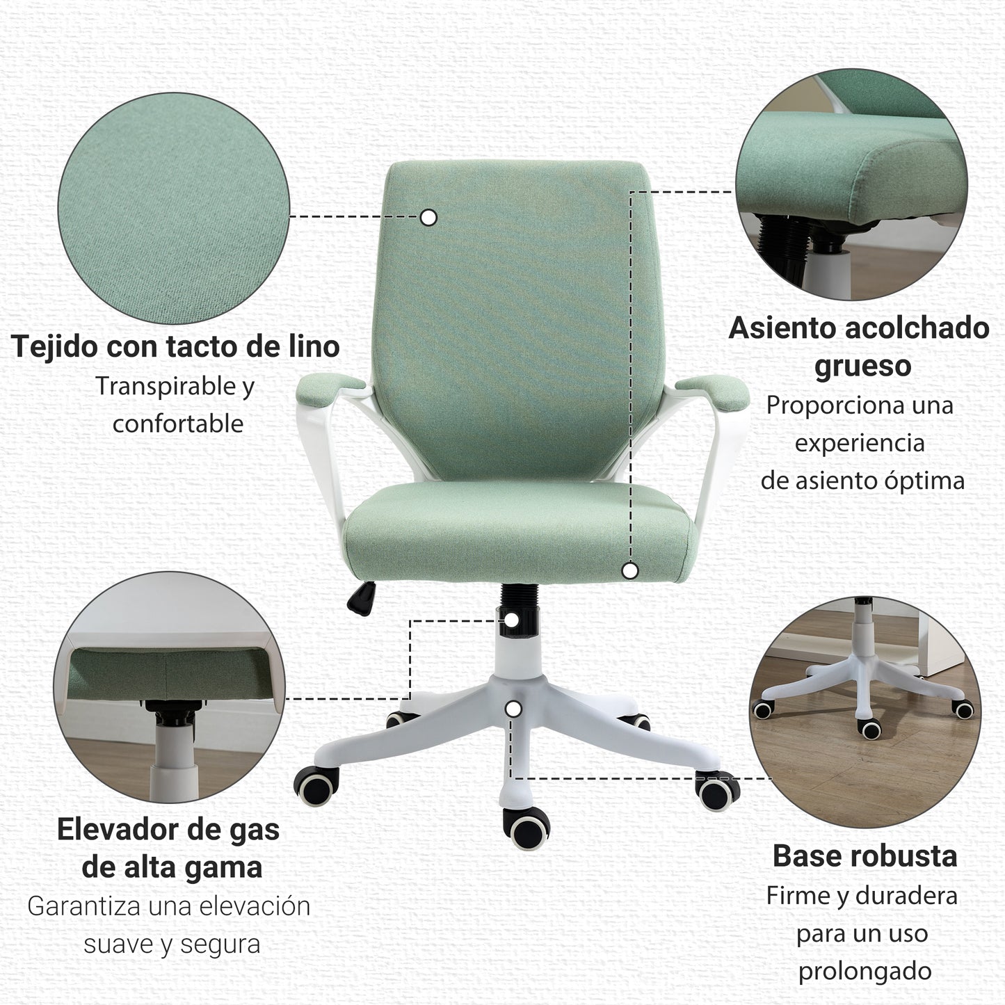 Vinsetto Silla de Oficina Giratoria Silla de Escritorio Basculante con Reposabrazos y Altura Ajustable para Dormitorio Salón Carga 120 kg 62x69x92-100 cm Verde