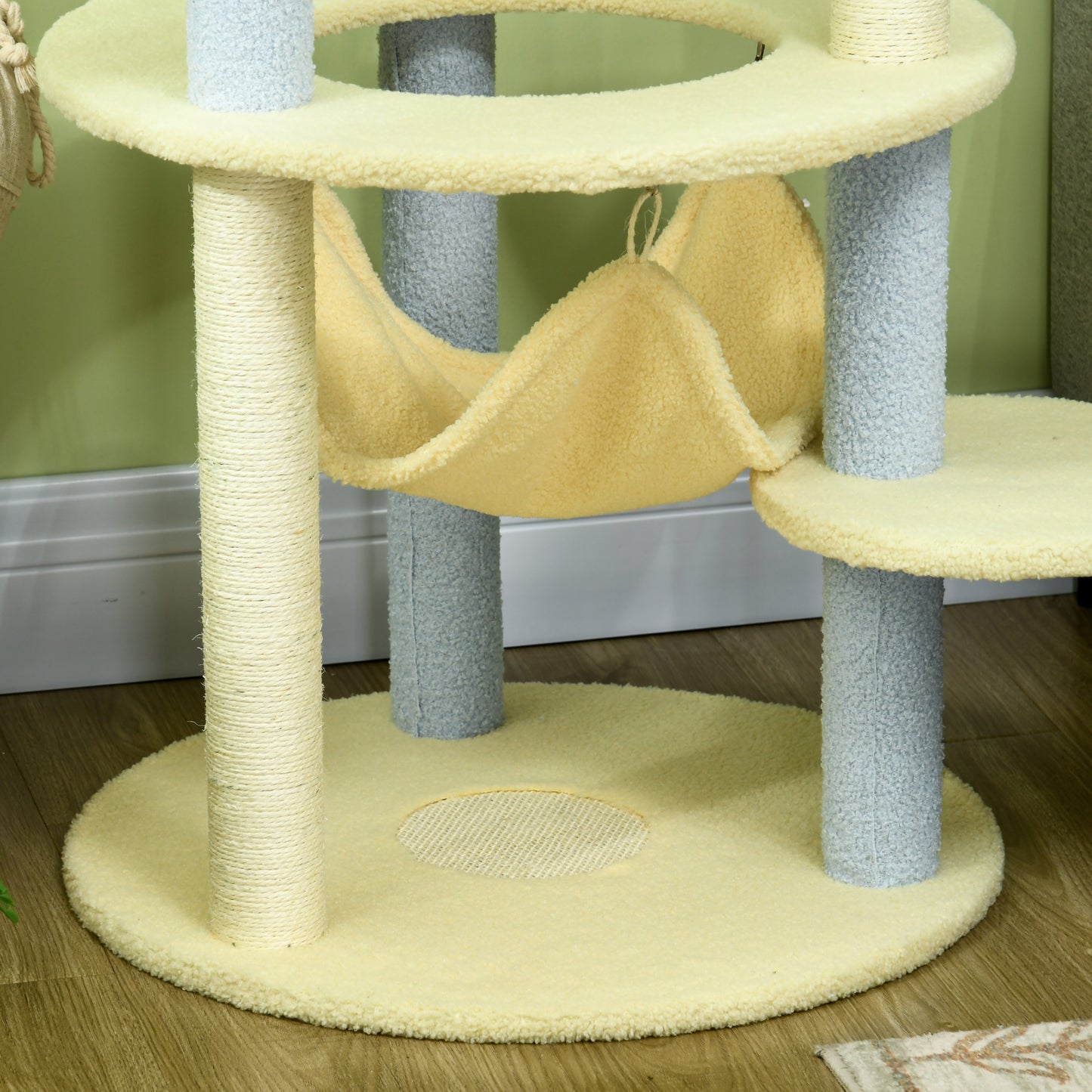 PawHut Árbol Rascador para Gatos Mediano 110 cm Torre para Gatos Centro de Actividades para Gatitos con Hamaca Poste de Sisal y Bola Colgante Ø58x110 cm Amarillo y Azul