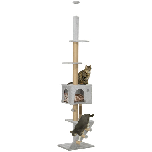 PawHut Árbol para Gatos de Suelo a Techo de 225-265 cm Árbol Rascador para Gatos con Altura Ajustable Múltiples Plataformas Escalera Bola Colgante Gris Claro