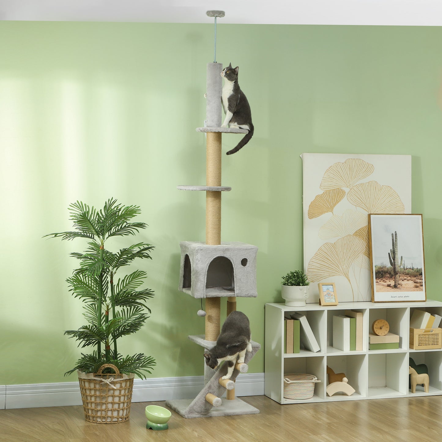 PawHut Árbol para Gatos de Suelo a Techo de 225-265 cm Árbol Rascador para Gatos con Altura Ajustable Múltiples Plataformas Escalera Bola Colgante Gris Claro