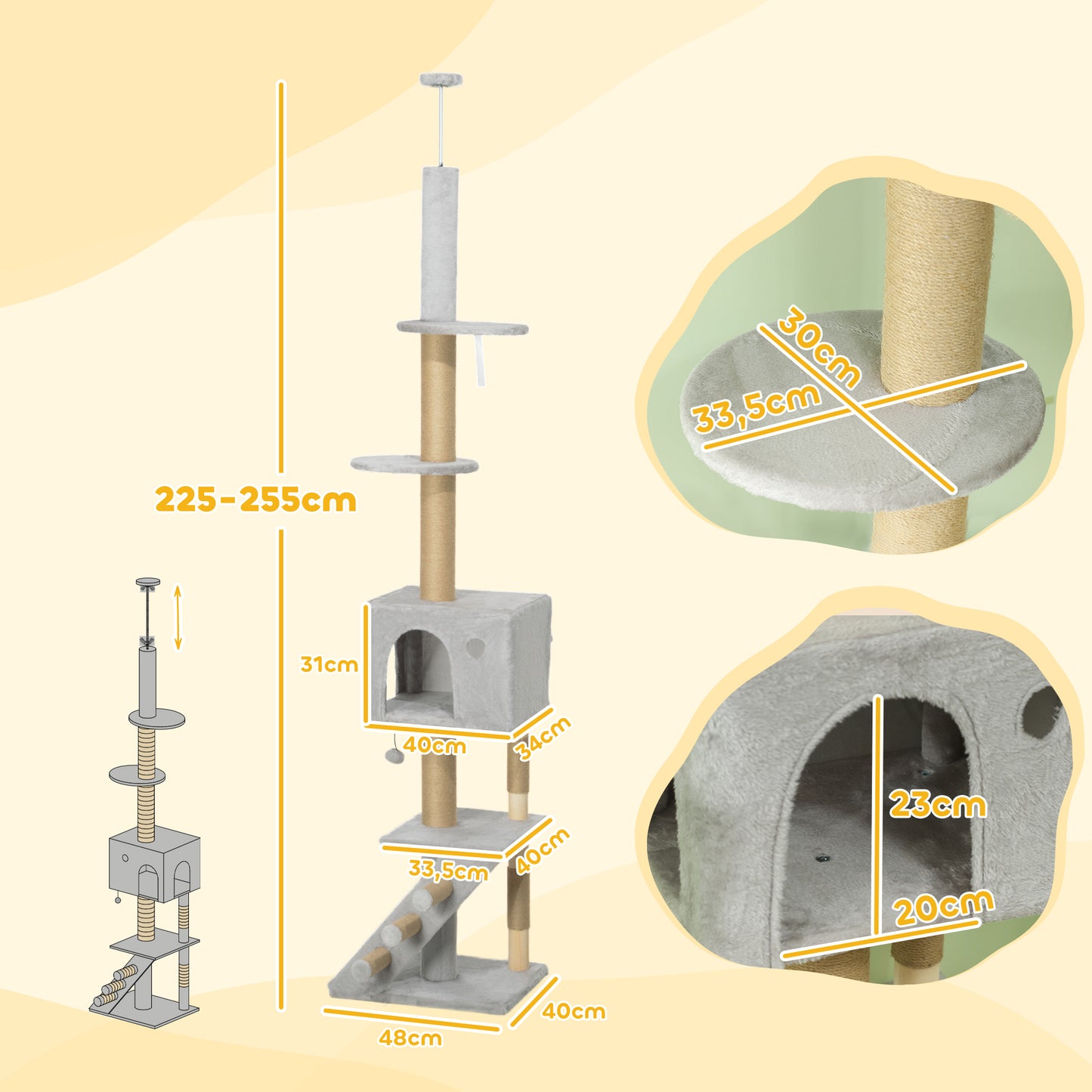 PawHut Árbol para Gatos de Suelo a Techo de 225-265 cm Árbol Rascador para Gatos con Altura Ajustable Múltiples Plataformas Escalera Bola Colgante Gris Claro