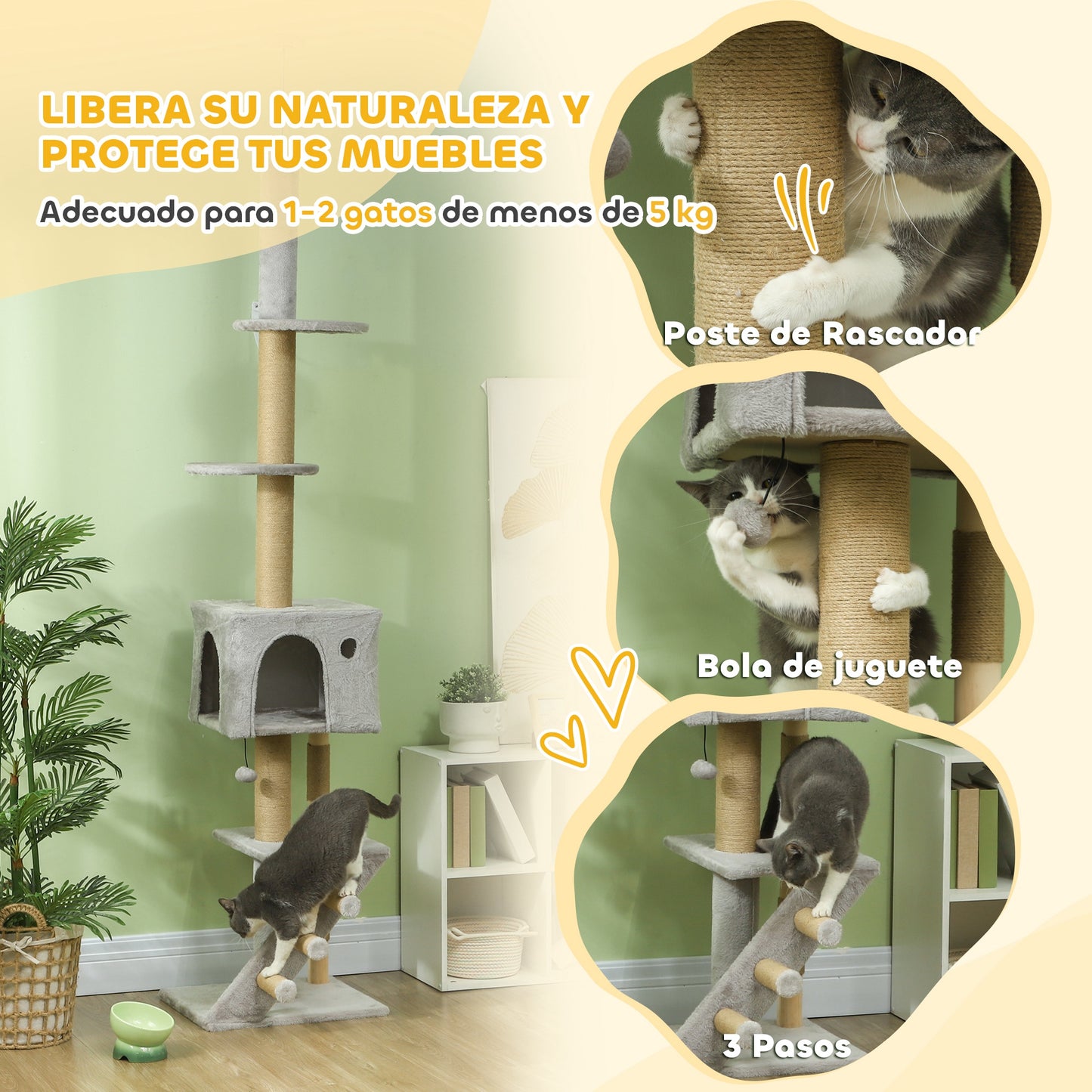 PawHut Árbol para Gatos de Suelo a Techo de 225-265 cm Árbol Rascador para Gatos con Altura Ajustable Múltiples Plataformas Escalera Bola Colgante Gris Claro