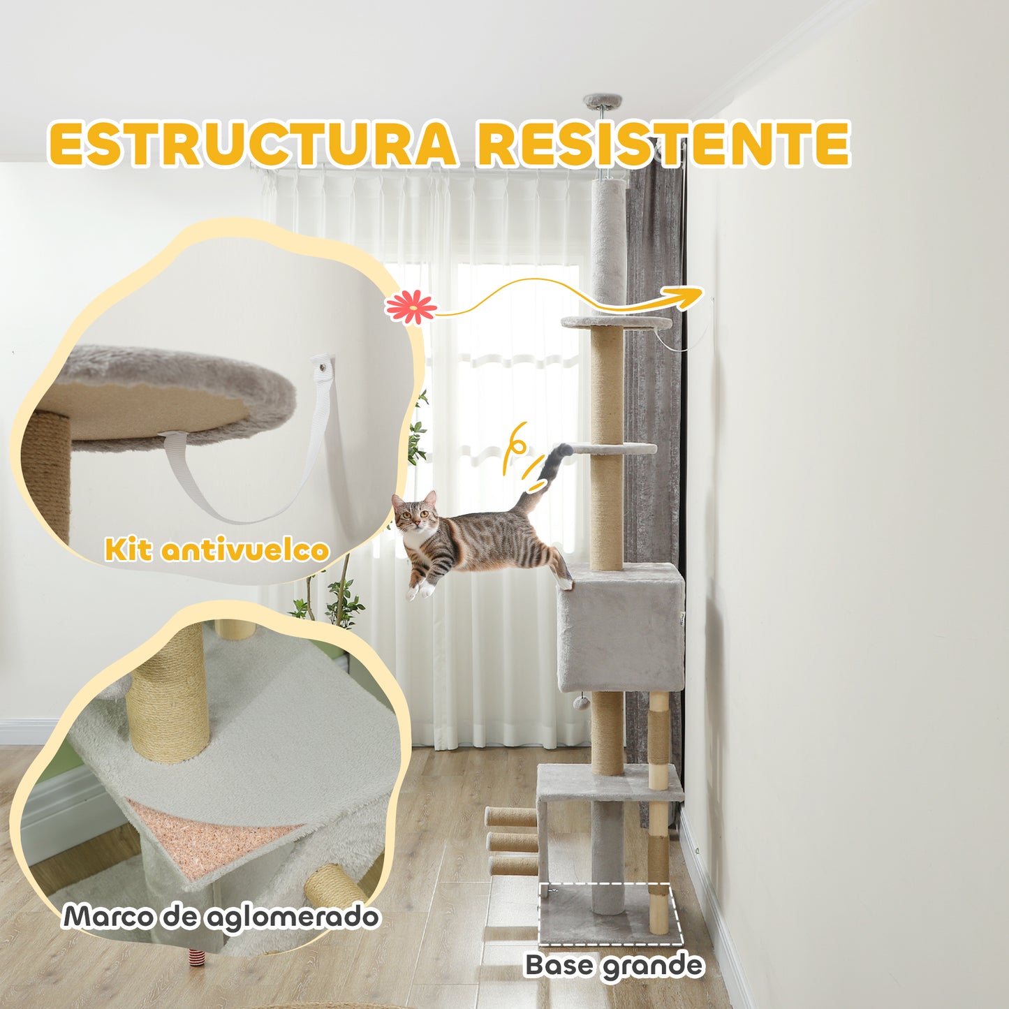 PawHut Árbol para Gatos de Suelo a Techo de 225-265 cm Árbol Rascador para Gatos con Altura Ajustable Múltiples Plataformas Escalera Bola Colgante Gris Claro