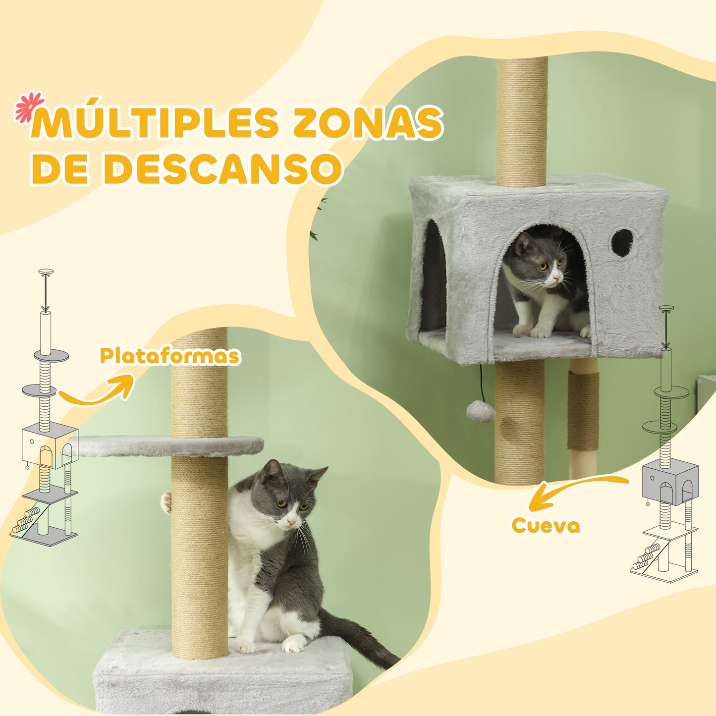 PawHut Árbol para Gatos de Suelo a Techo de 225-265 cm Árbol Rascador para Gatos con Altura Ajustable Múltiples Plataformas Escalera Bola Colgante Gris Claro