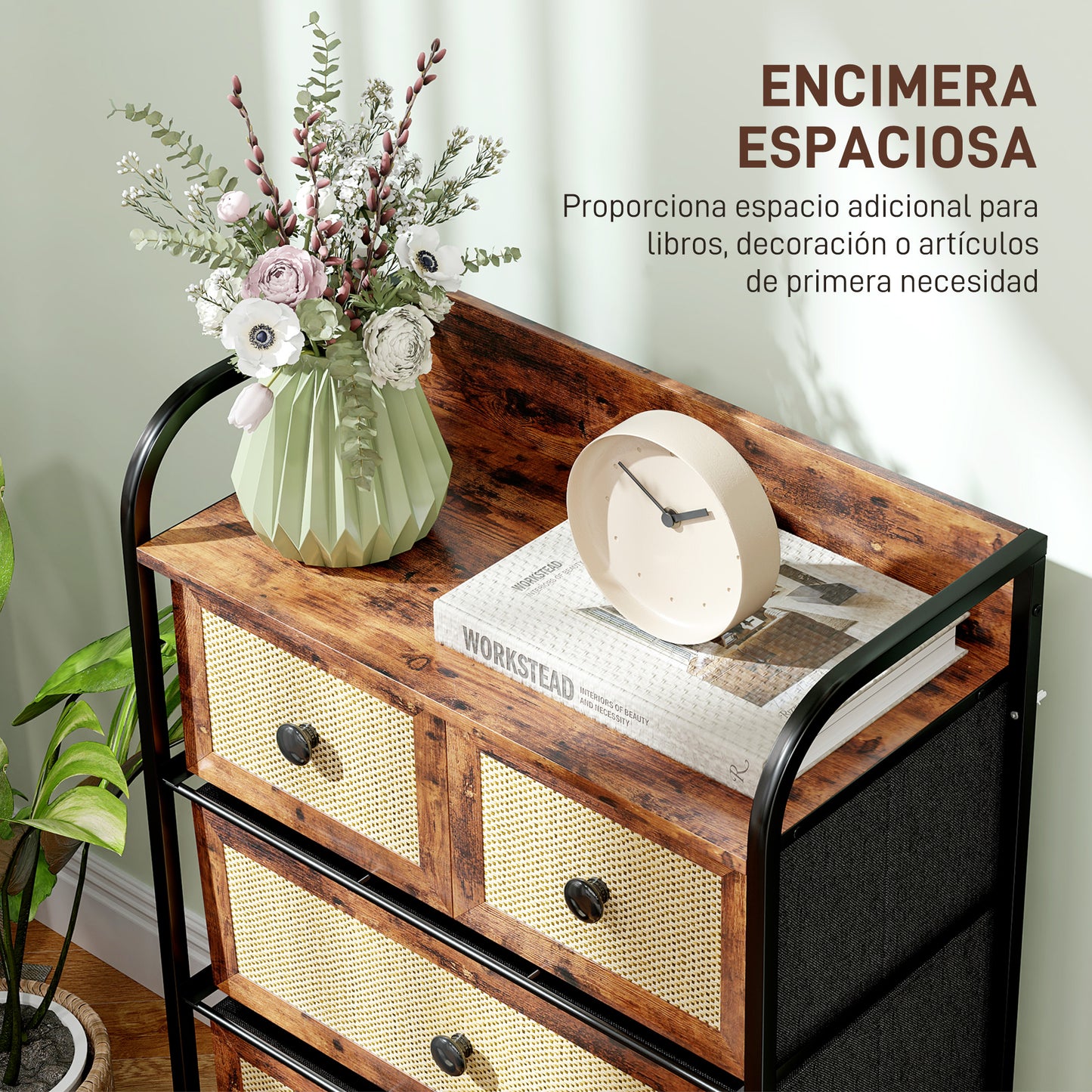 HOMCOM Cajonera de Tela Cómoda para Dormitorio con 5 Cajones con Frentes de Ratán y Marco de Acero Mueble Organizador para Sala de Estar 58x29x99 cm Marrón Rústico