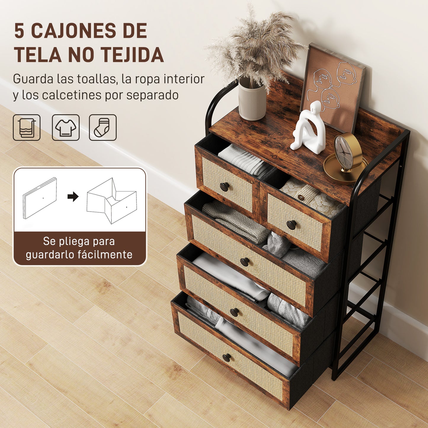 HOMCOM Cajonera de Tela Cómoda para Dormitorio con 5 Cajones con Frentes de Ratán y Marco de Acero Mueble Organizador para Sala de Estar 58x29x99 cm Marrón Rústico