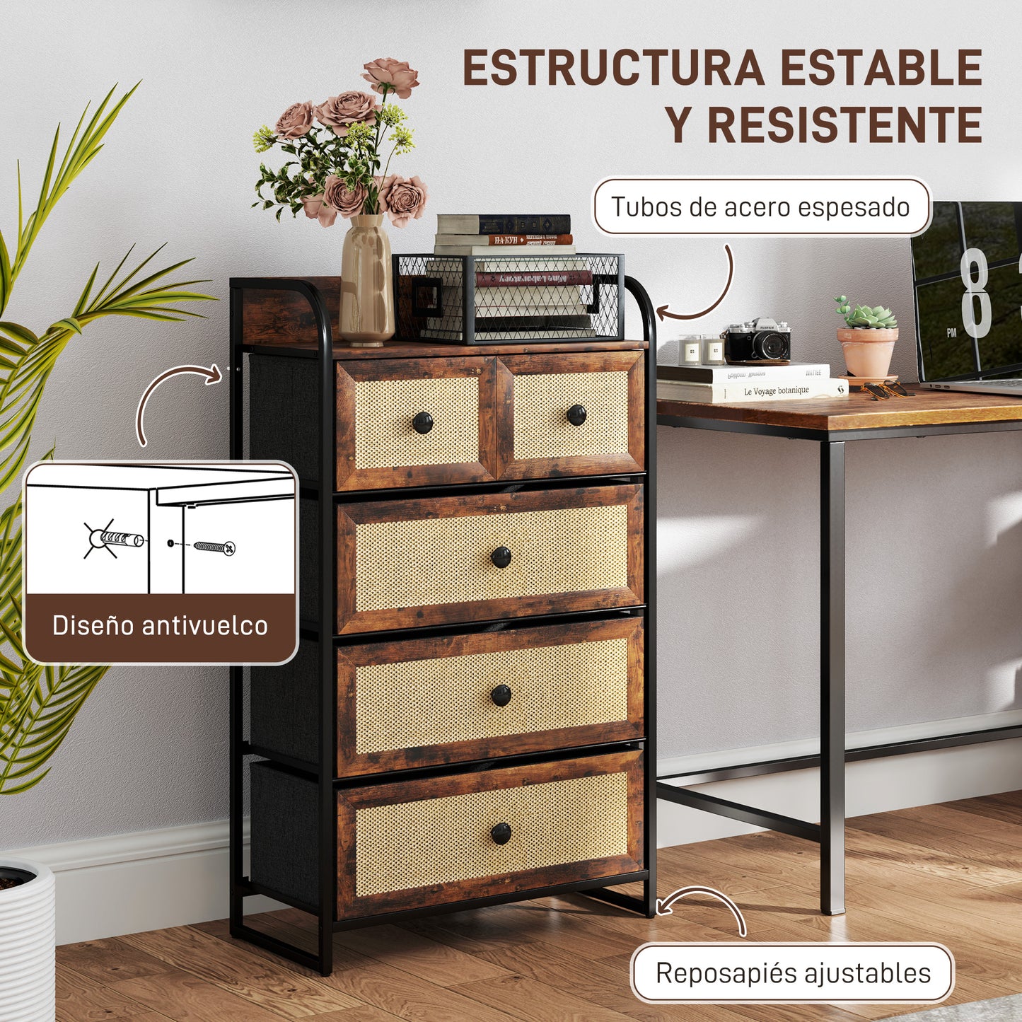 HOMCOM Cajonera de Tela Cómoda para Dormitorio con 5 Cajones con Frentes de Ratán y Marco de Acero Mueble Organizador para Sala de Estar 58x29x99 cm Marrón Rústico