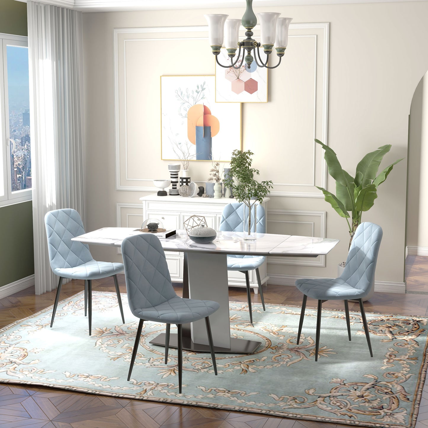 HOMCOM Juego de 4 Sillas de Comedor Modernas Sillas de Cocina Tapizadas en Terciopelo con Patas de Acero para Salón 45x54x87 cm Azul Claro