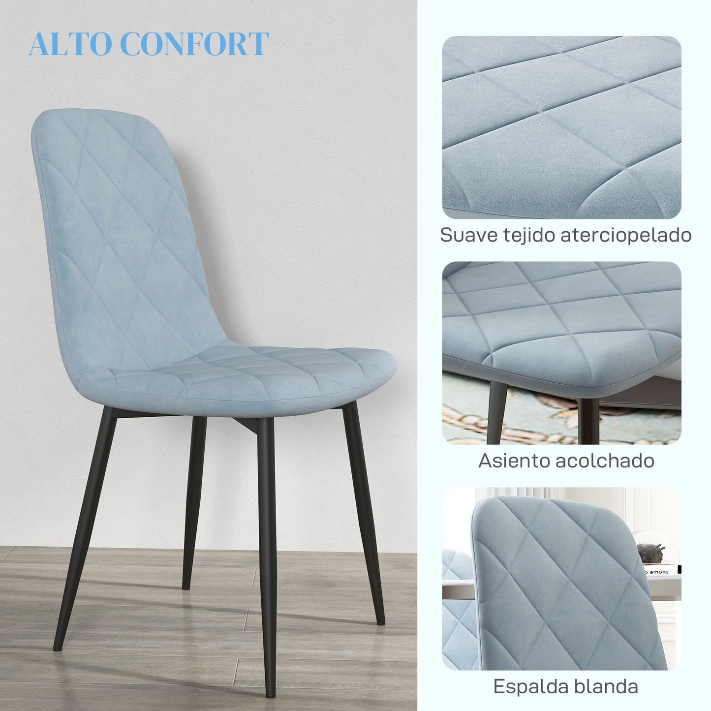 HOMCOM Juego de 4 Sillas de Comedor Modernas Sillas de Cocina Tapizadas en Terciopelo con Patas de Acero para Salón 45x54x87 cm Azul Claro