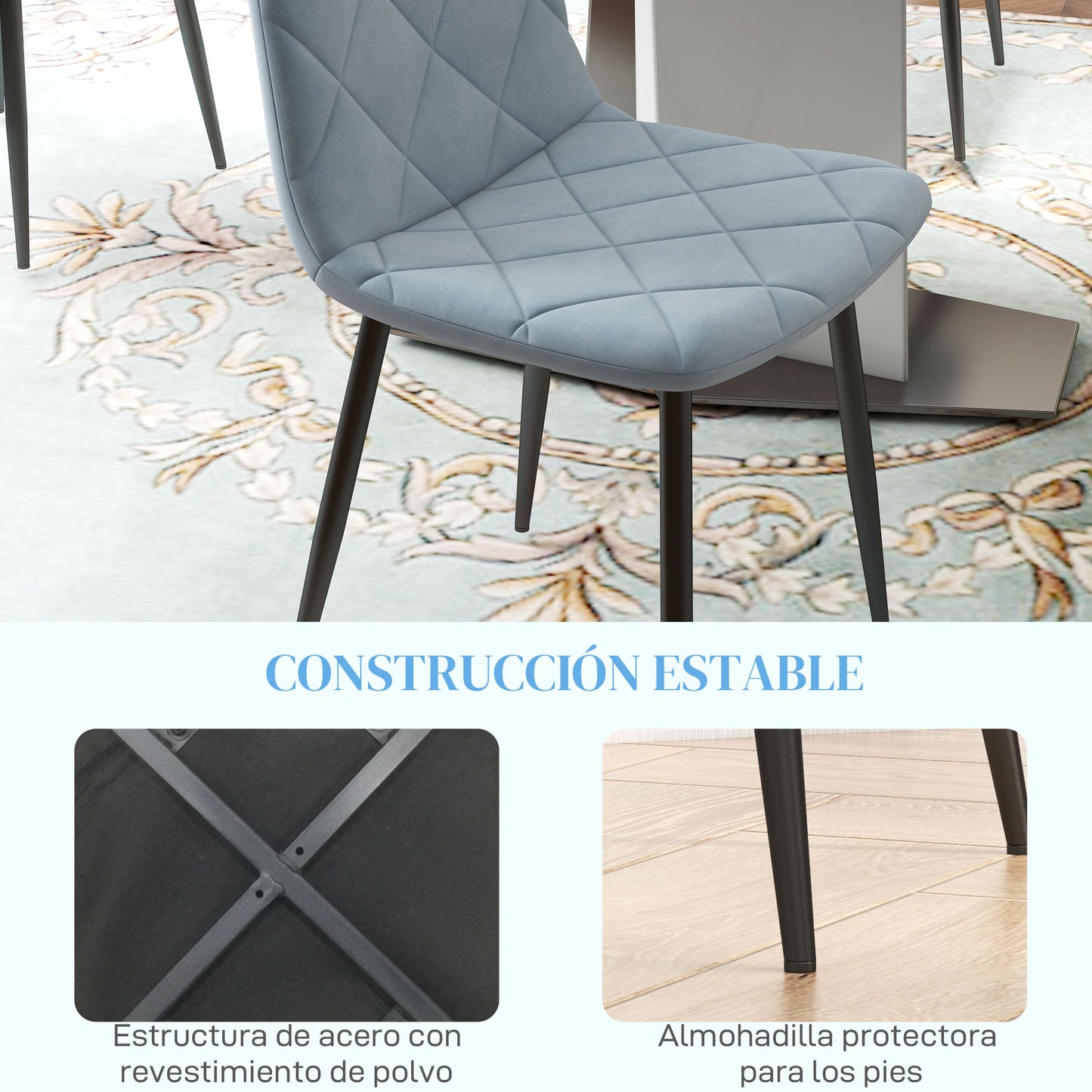 HOMCOM Juego de 4 Sillas de Comedor Modernas Sillas de Cocina Tapizadas en Terciopelo con Patas de Acero para Salón 45x54x87 cm Azul Claro