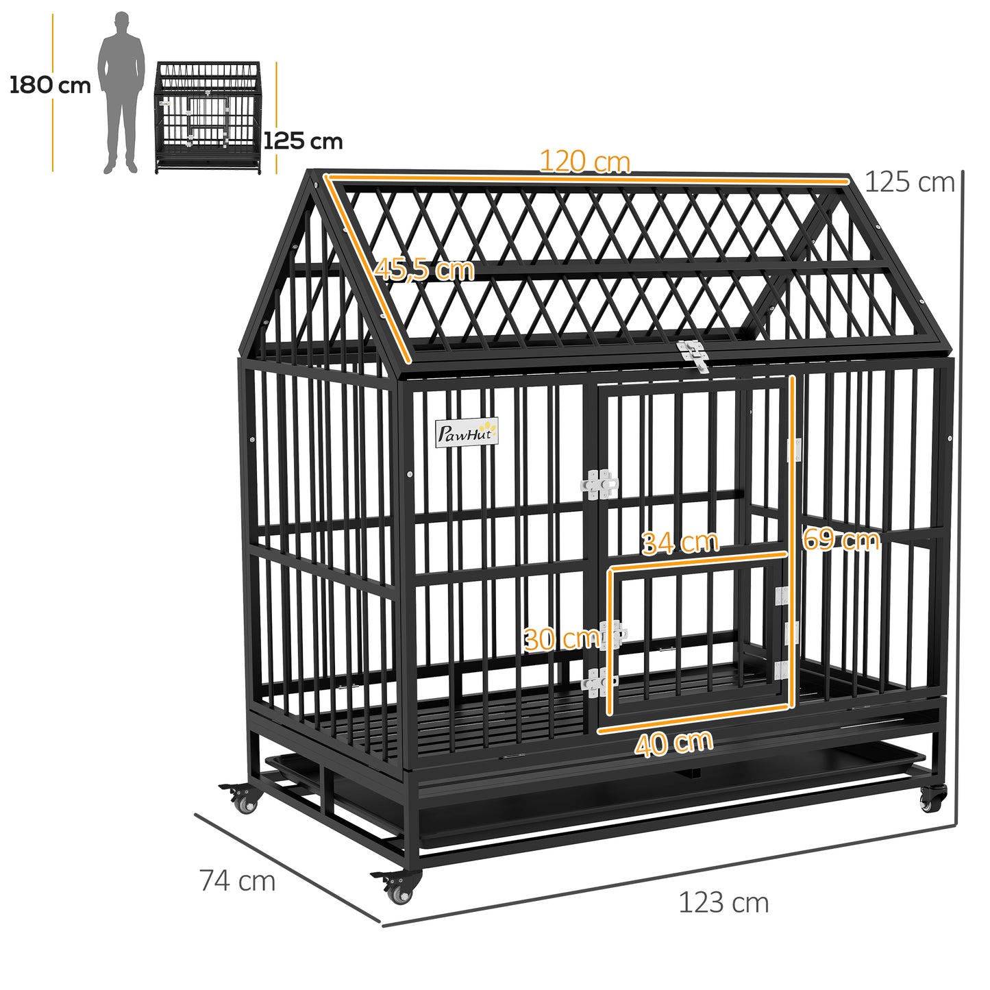 PawHut Jaula para Perros Grandes 123x74x125 cm Perrera Metálica con Ruedas Bandeja Extraíble Cerraduras 2 Puertas Frontal 1 Puerta en Techo y Marco de Acero Negro