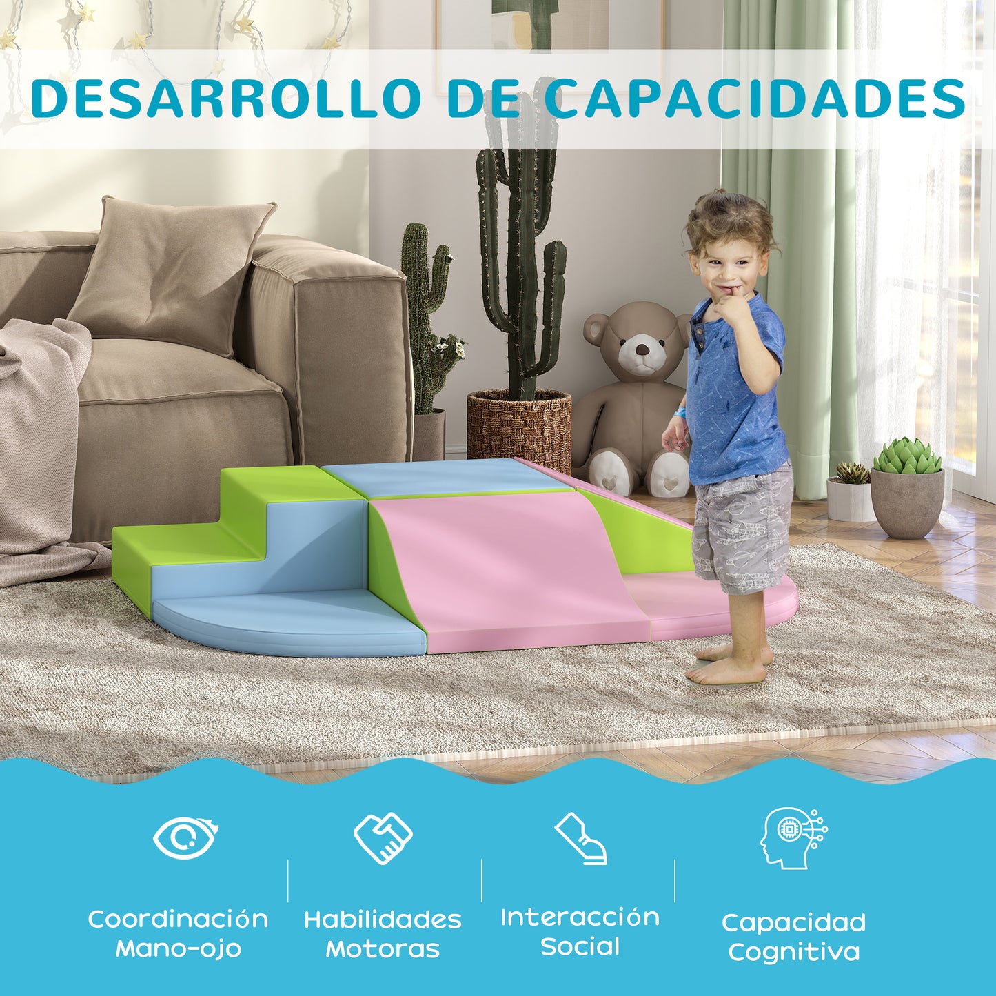 HOMCOM Juego de 6 Bloques Psicomotricidad para Niños Bloques de Construcción Figuras de Construcción Juguete para Aprendizaje para Escalar y Gatear Multicolor