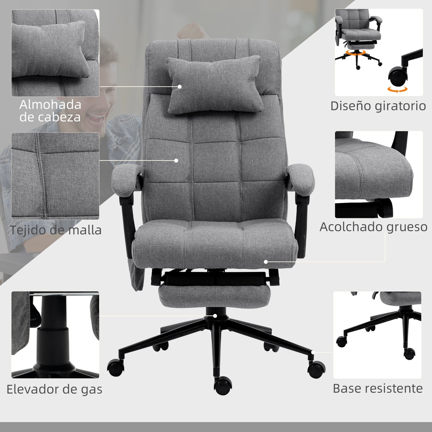 Vinsetto Silla de Masaje con 6 Puntos de Masaje y 5 Modos Silla de Escritorio Reclinable hasta 155° con Función de Calefacción Altura Ajustable Reposapiés y Ruedas para Estudio 66x76x112-120 cm Gris