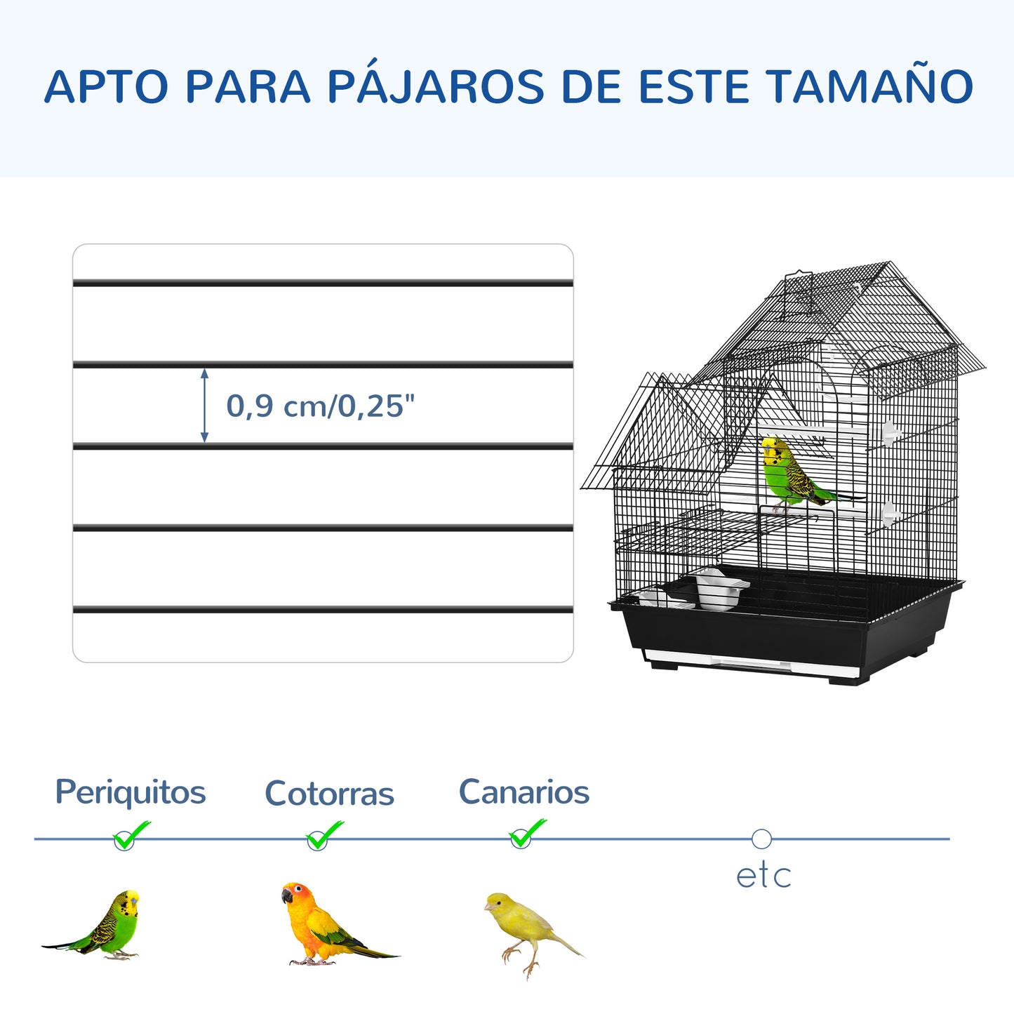 PawHut Jaula para Pájaros 39x33x47 cm Pajarera Metálica con 3 Puertas 2 Comederos 2 Perchas Columpio Bandeja Extraíble y Asa de Transporte para Canarios Negro