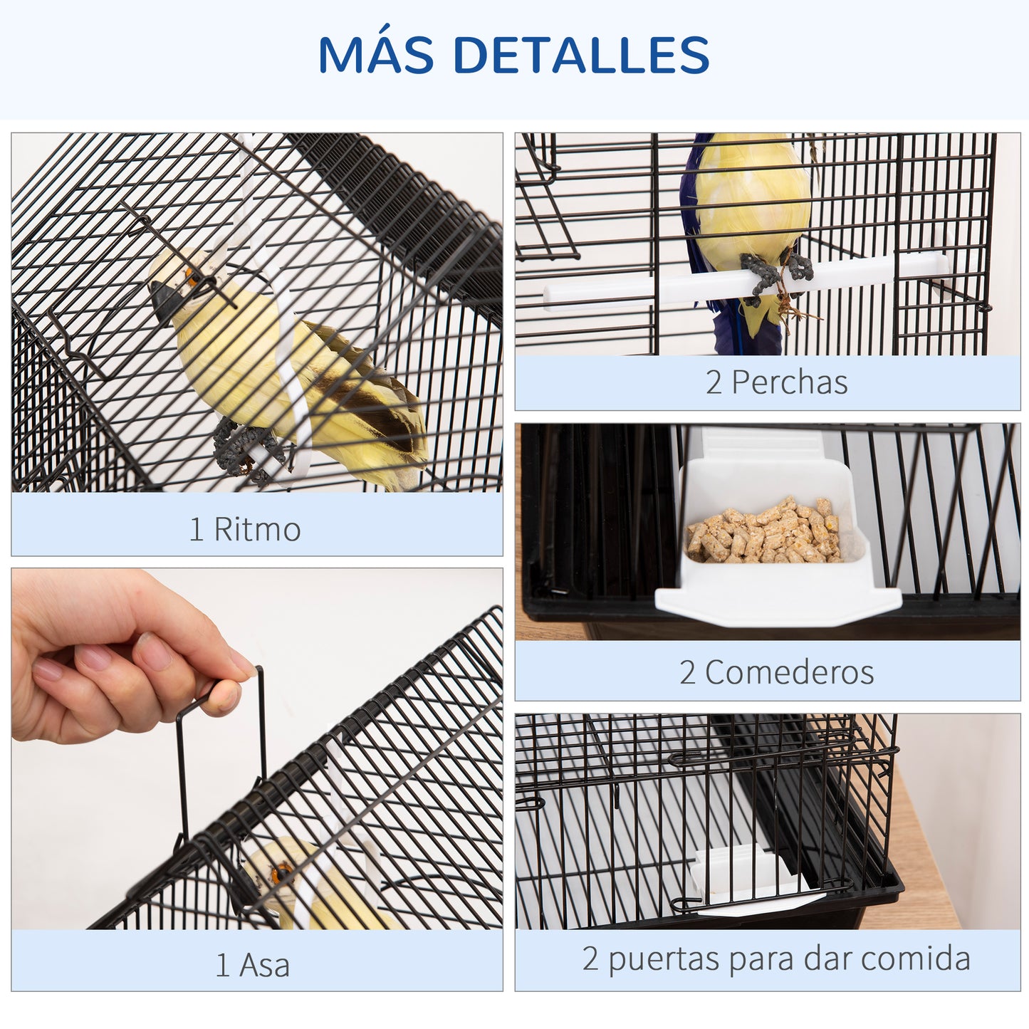 PawHut Jaula para Pájaros 39x33x47 cm Pajarera Metálica con 3 Puertas 2 Comederos 2 Perchas Columpio Bandeja Extraíble y Asa de Transporte para Canarios Negro