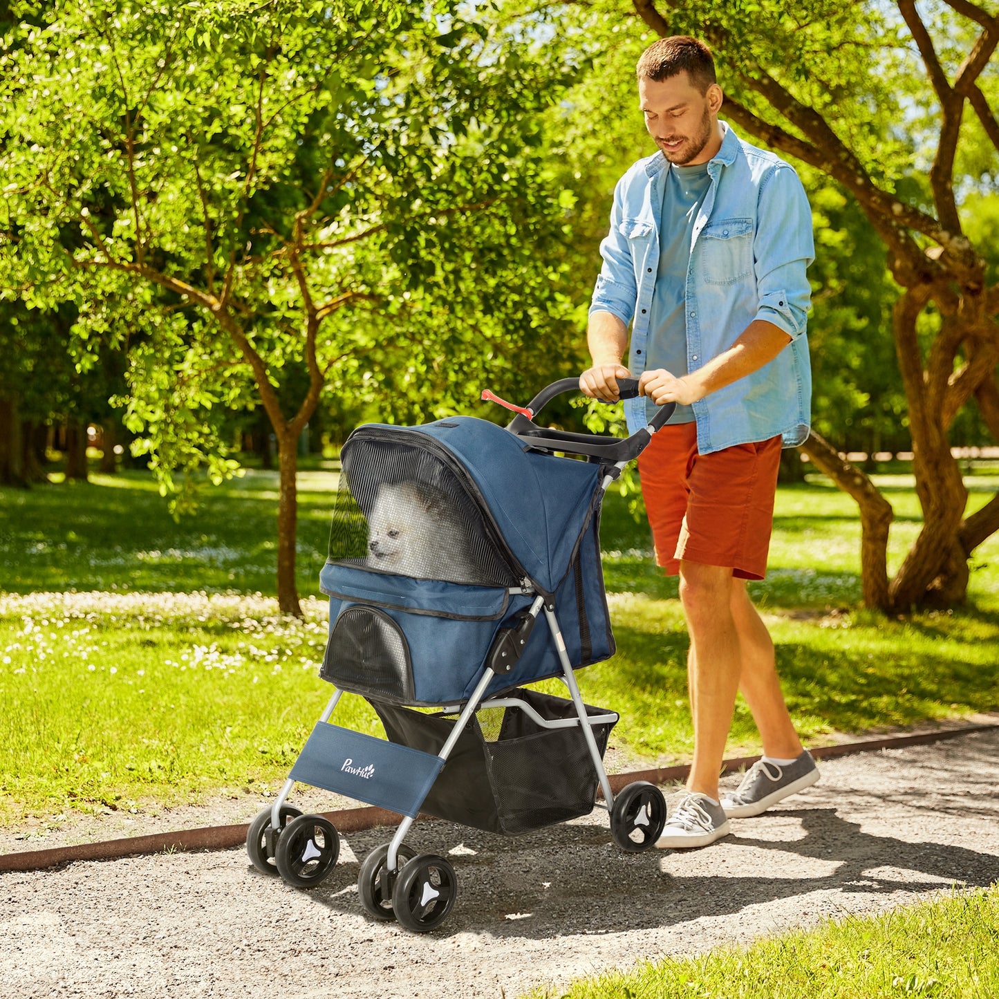 PawHut Carrito para Perros Plegable Cochecito para Mascotas Carrito para Perros Pequeños con Toldo Ajustable Cesta de Almacenaje 2 Ruedas Universales y Marco de Acero 75x46x94 cm Azul Oscuro