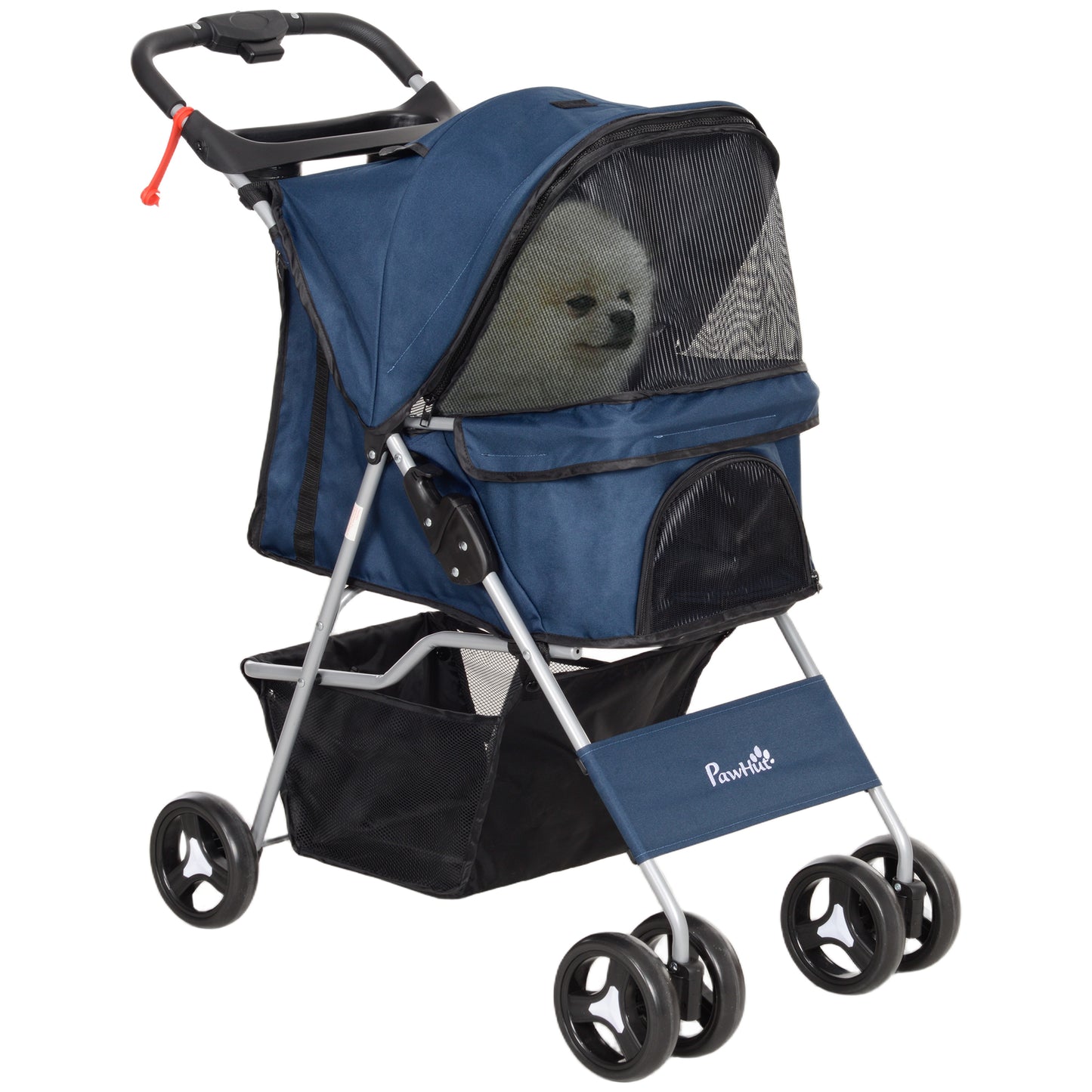 PawHut Carrito para Perros Plegable Cochecito para Mascotas Carrito para Perros Pequeños con Toldo Ajustable Cesta de Almacenaje 2 Ruedas Universales y Marco de Acero 75x46x94 cm Azul Oscuro