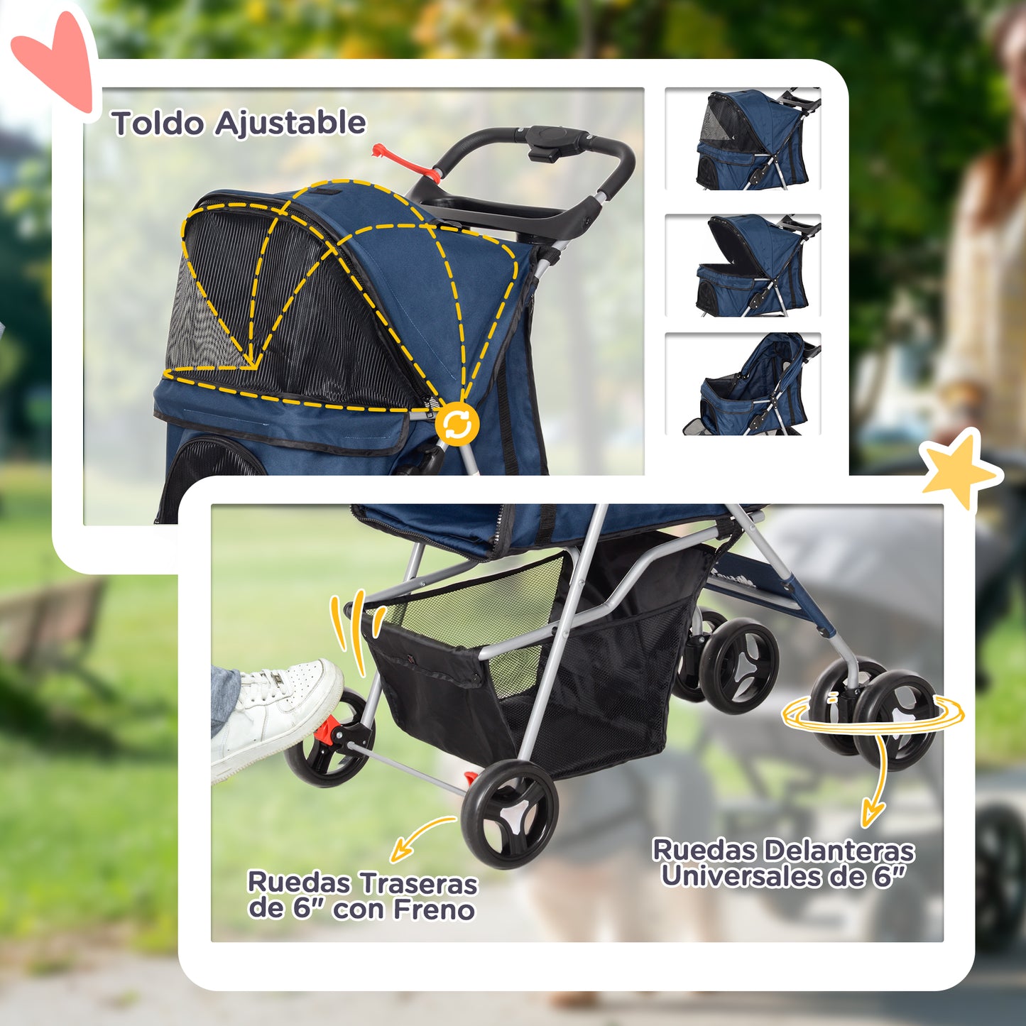 PawHut Carrito para Perros Plegable Cochecito para Mascotas Carrito para Perros Pequeños con Toldo Ajustable Cesta de Almacenaje 2 Ruedas Universales y Marco de Acero 75x46x94 cm Azul Oscuro