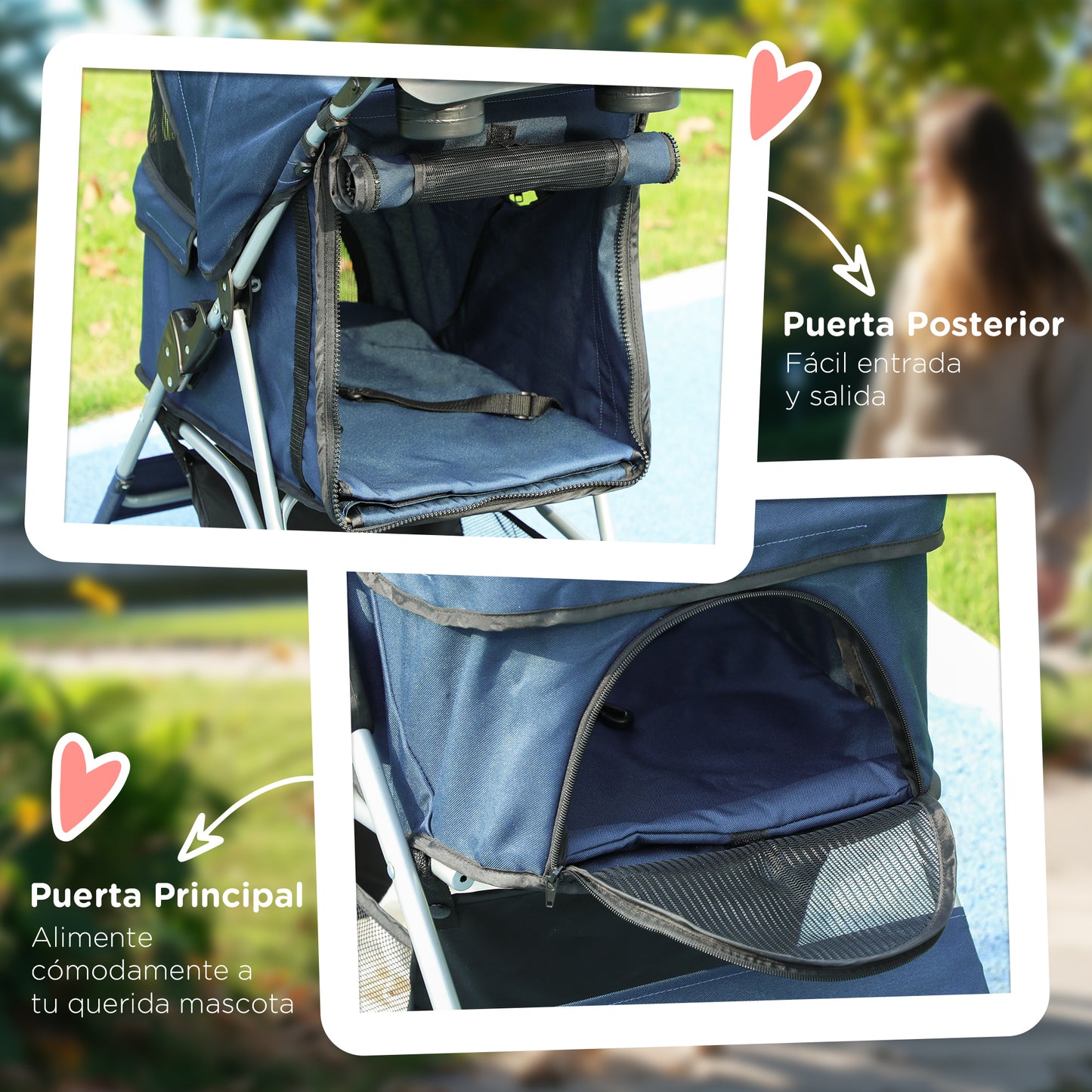 PawHut Carrito para Perros Plegable Cochecito para Mascotas Carrito para Perros Pequeños con Toldo Ajustable Cesta de Almacenaje 2 Ruedas Universales y Marco de Acero 75x46x94 cm Azul Oscuro