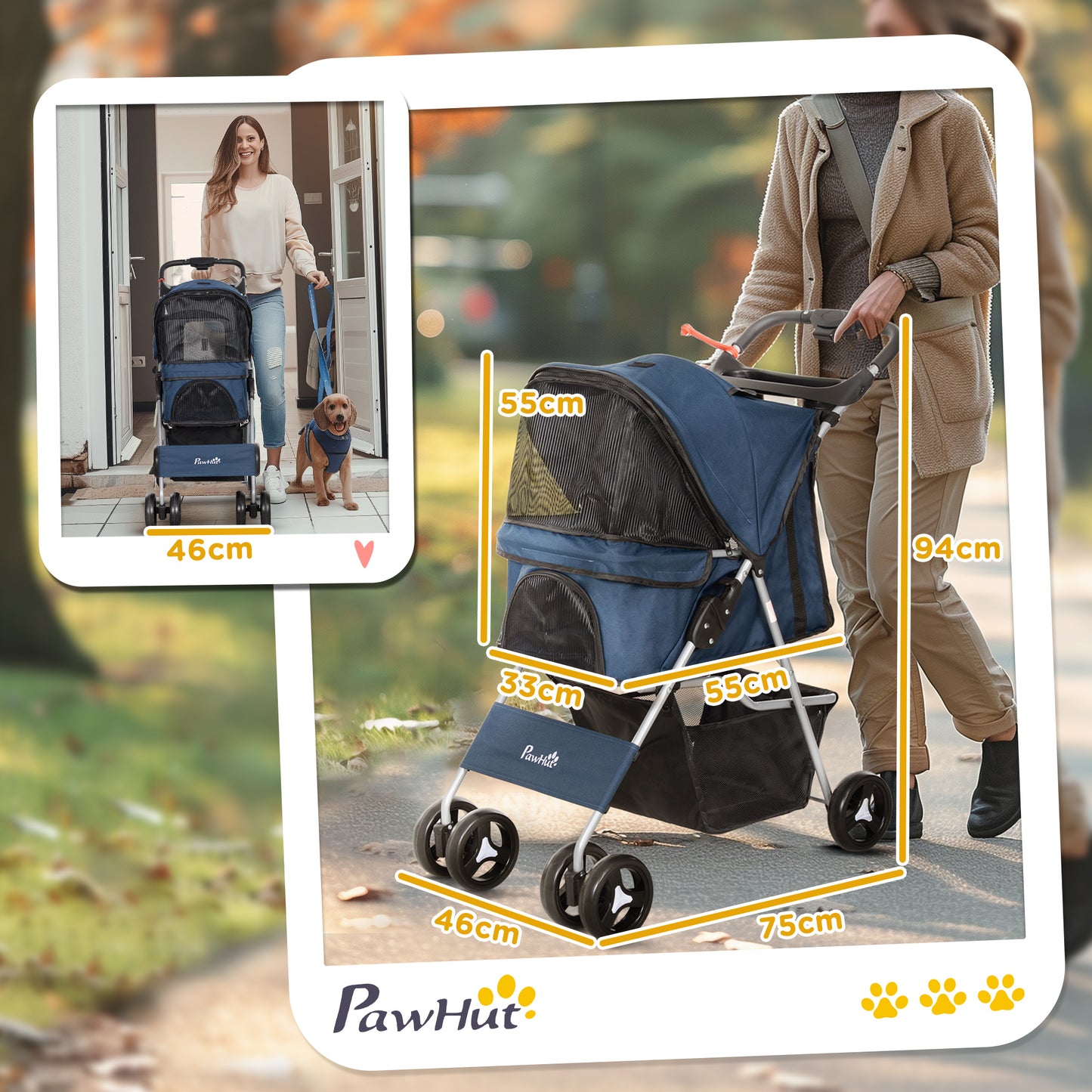 PawHut Carrito para Perros Plegable Cochecito para Mascotas Carrito para Perros Pequeños con Toldo Ajustable Cesta de Almacenaje 2 Ruedas Universales y Marco de Acero 75x46x94 cm Azul Oscuro