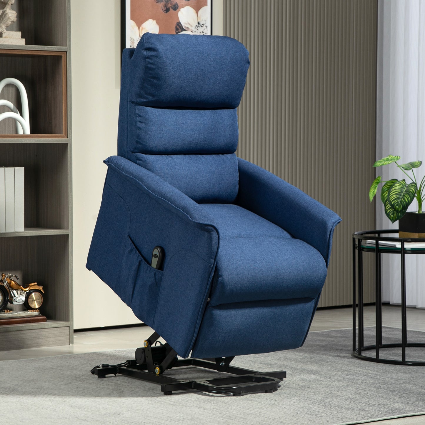 HOMCOM Sillón Relax Reclinable Eléctrico Sillón Levanta Personas con Mando a Distancia y Bolsillo Lateral Sillón Elevador para Salón Dormitorio Azul Oscuro