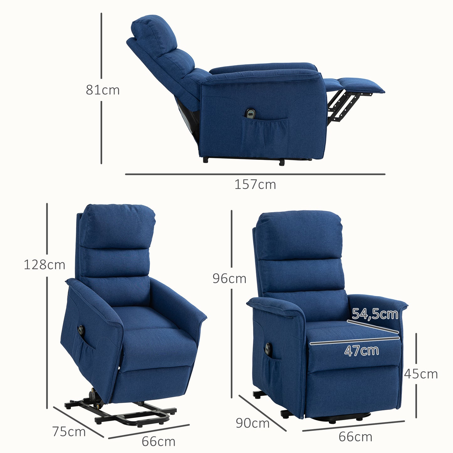 HOMCOM Sillón Relax Reclinable Eléctrico Sillón Levanta Personas con Mando a Distancia y Bolsillo Lateral Sillón Elevador para Salón Dormitorio Azul Oscuro