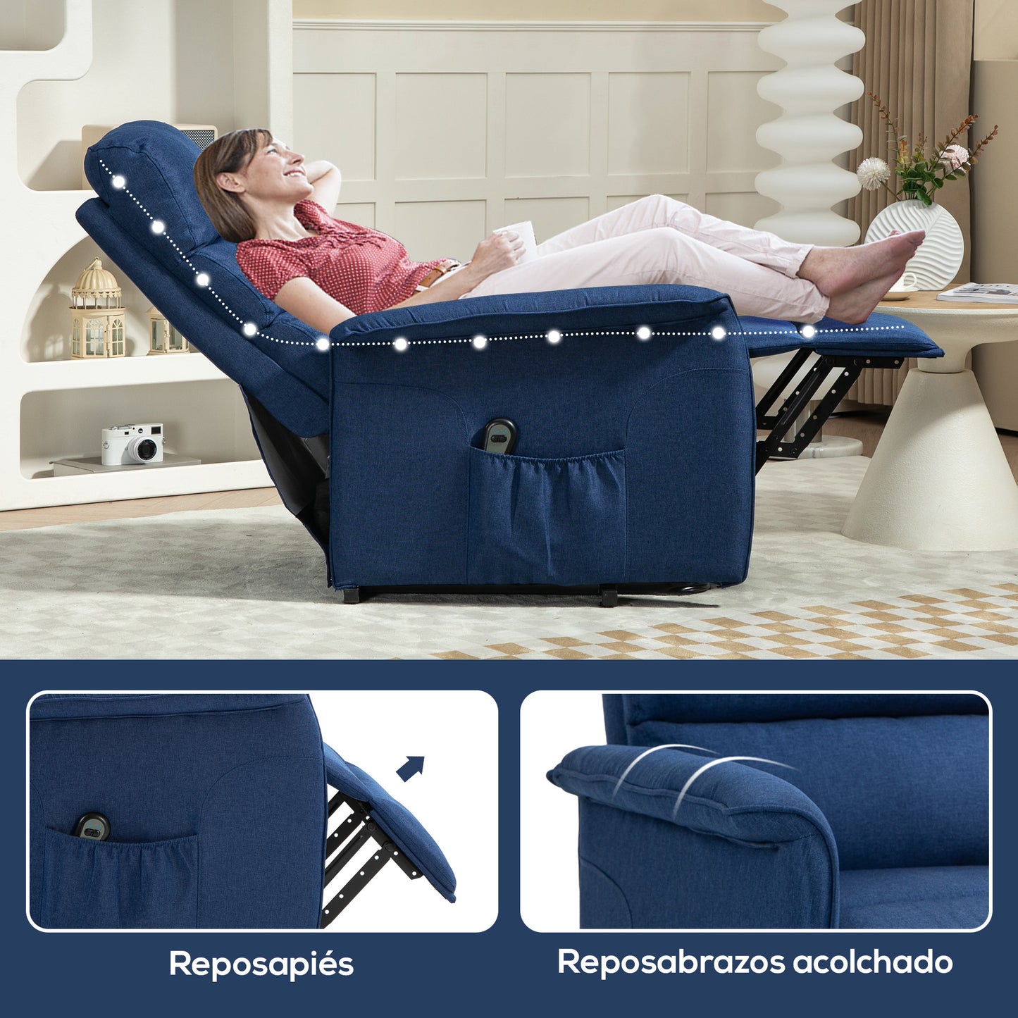 HOMCOM Sillón Relax Reclinable Eléctrico Sillón Levanta Personas con Mando a Distancia y Bolsillo Lateral Sillón Elevador para Salón Dormitorio Azul Oscuro