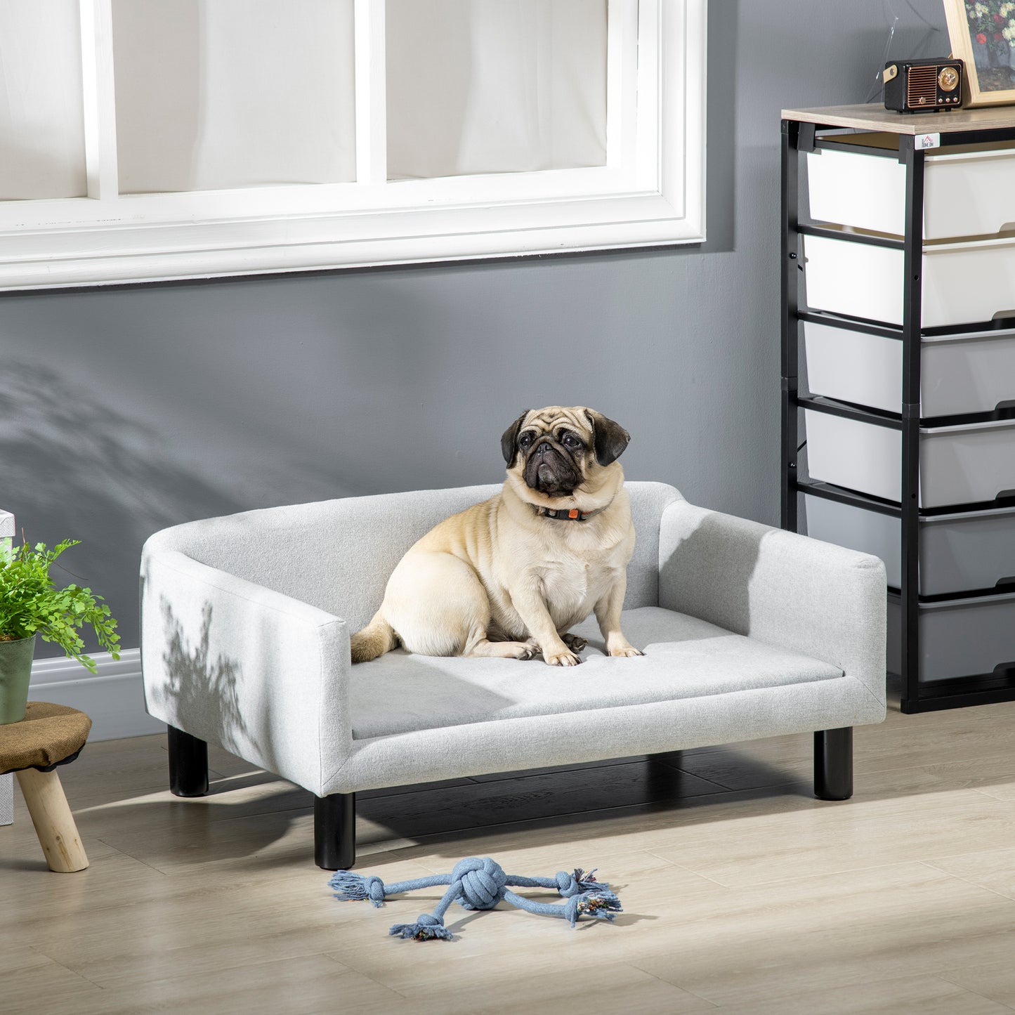 PawHut Sofá para Perros Medianos Cama Elevada para Perros con Patas de Madera Cama para Mascotas Carga 20 kg 82x54x36 cm Gris