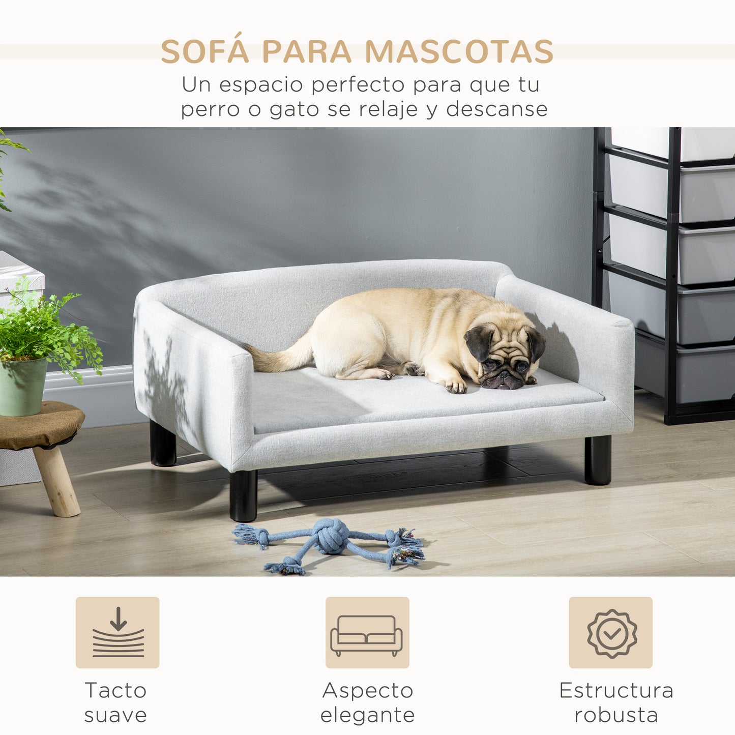 PawHut Sofá para Perros Medianos Cama Elevada para Perros con Patas de Madera Cama para Mascotas Carga 20 kg 82x54x36 cm Gris