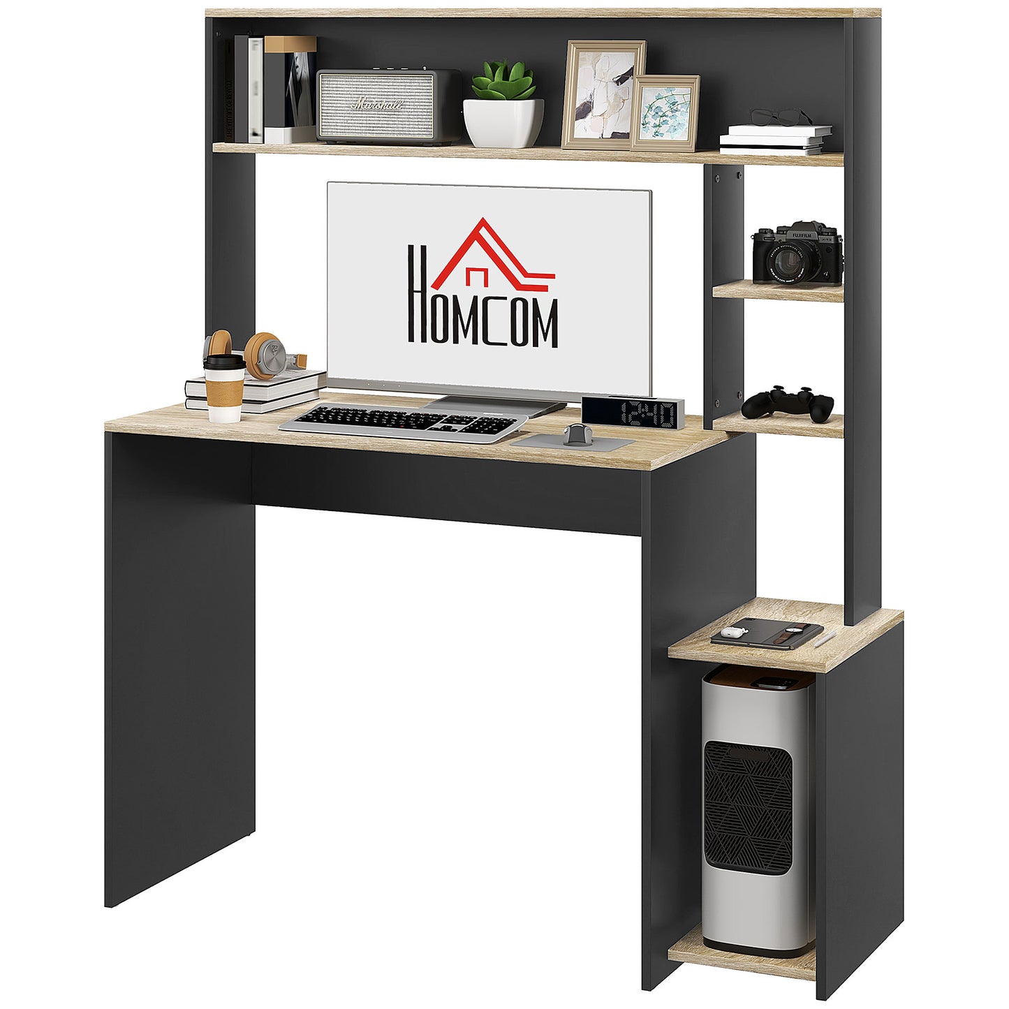 HOMCOM Mesa de Escritorio con Estanterías Mesa de Ordenador Moderna con Estantes Soporte para Monitor CPU de Oficina Estudio 114x45x138 cm Gris y Natural