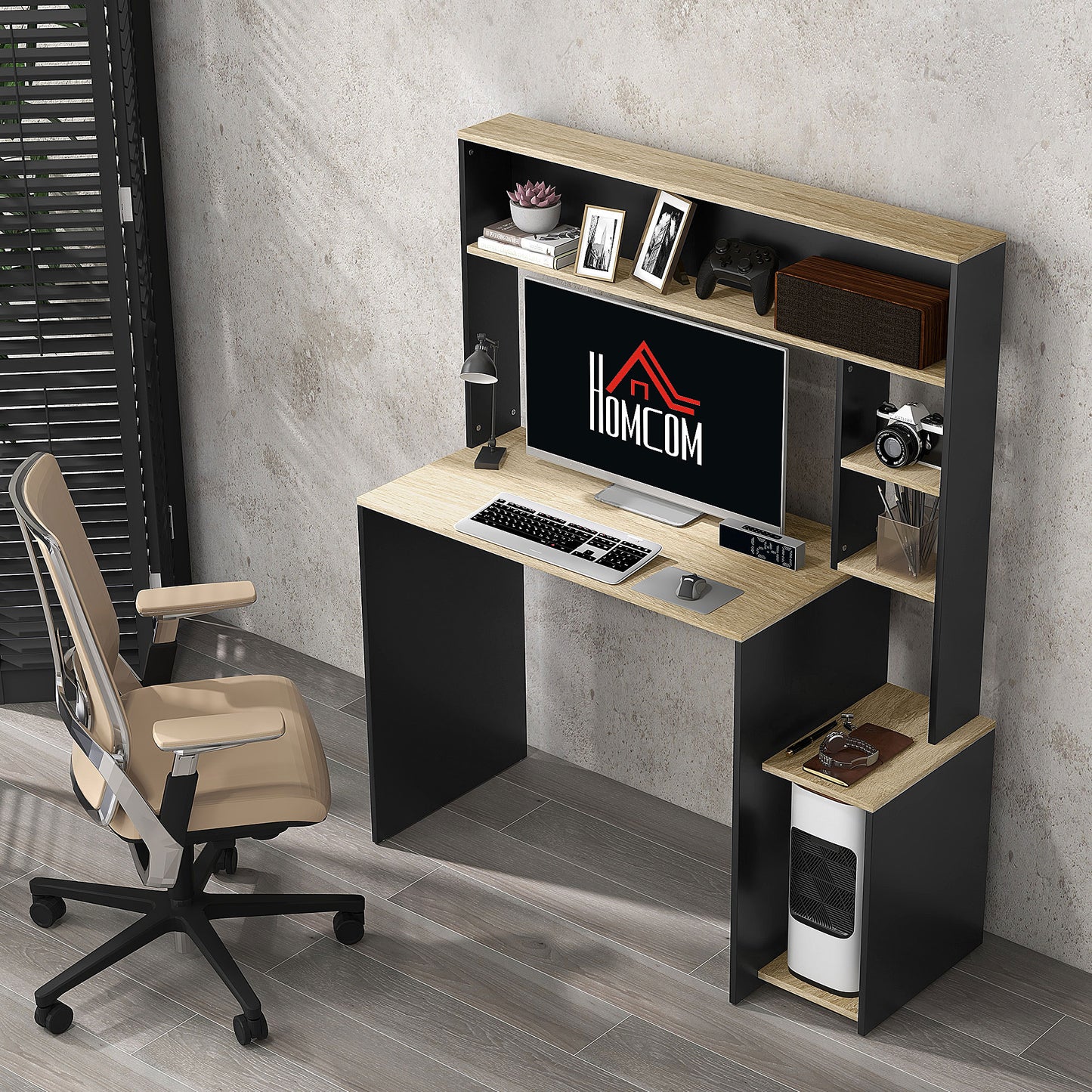 HOMCOM Mesa de Escritorio con Estanterías Mesa de Ordenador Moderna con Estantes Soporte para Monitor CPU de Oficina Estudio 114x45x138 cm Gris y Natural