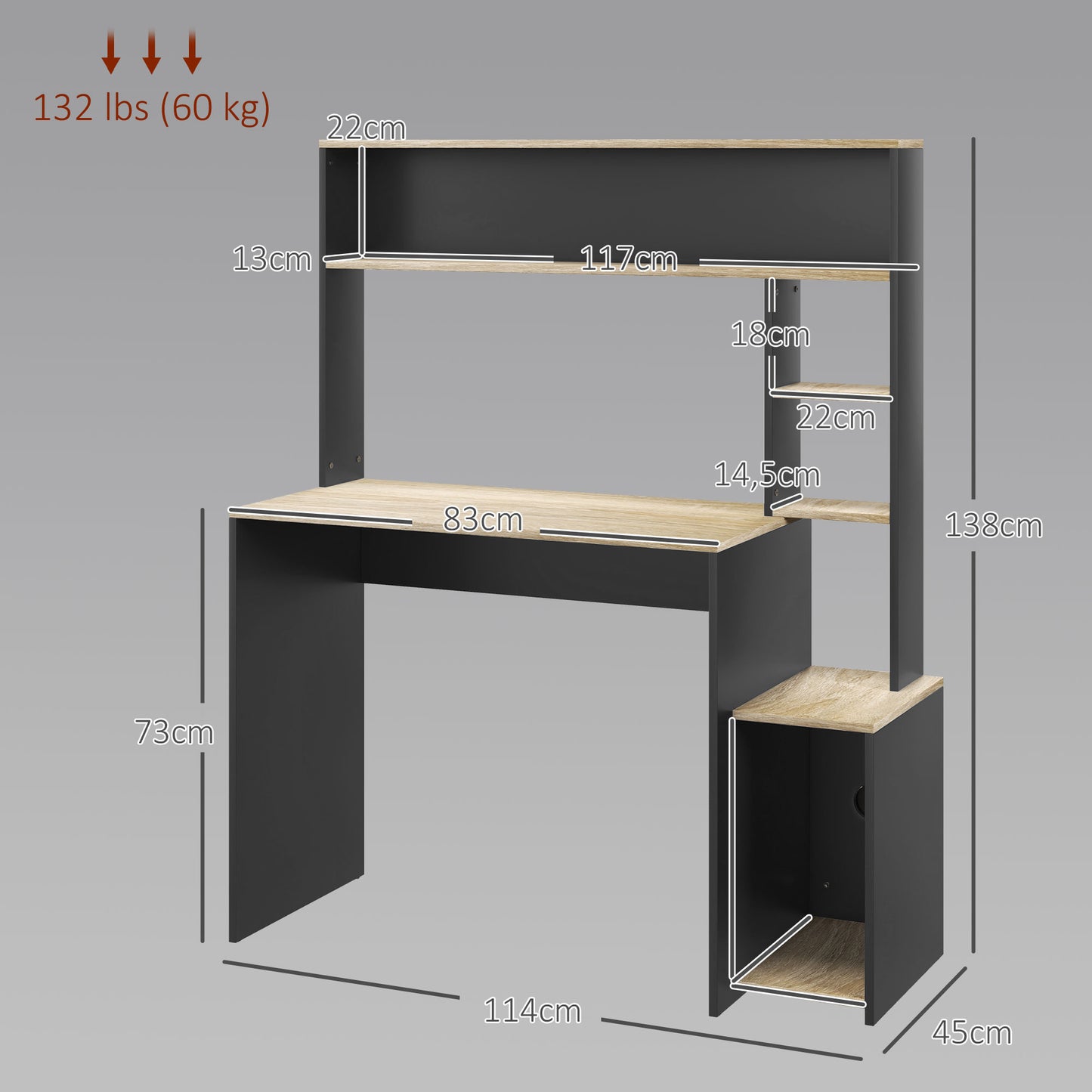 HOMCOM Mesa de Escritorio con Estanterías Mesa de Ordenador Moderna con Estantes Soporte para Monitor CPU de Oficina Estudio 114x45x138 cm Gris y Natural