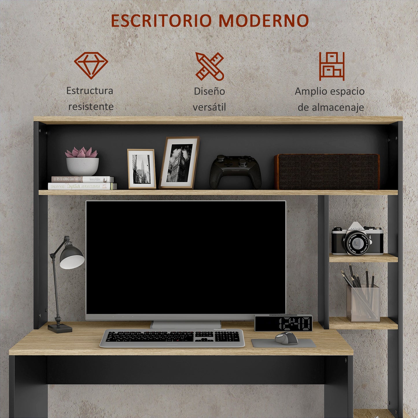 HOMCOM Mesa de Escritorio con Estanterías Mesa de Ordenador Moderna con Estantes Soporte para Monitor CPU de Oficina Estudio 114x45x138 cm Gris y Natural