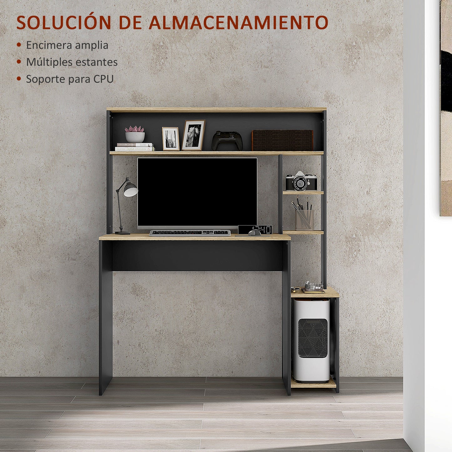 HOMCOM Mesa de Escritorio con Estanterías Mesa de Ordenador Moderna con Estantes Soporte para Monitor CPU de Oficina Estudio 114x45x138 cm Gris y Natural