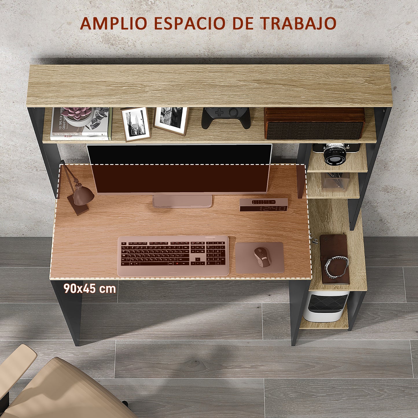 HOMCOM Mesa de Escritorio con Estanterías Mesa de Ordenador Moderna con Estantes Soporte para Monitor CPU de Oficina Estudio 114x45x138 cm Gris y Natural