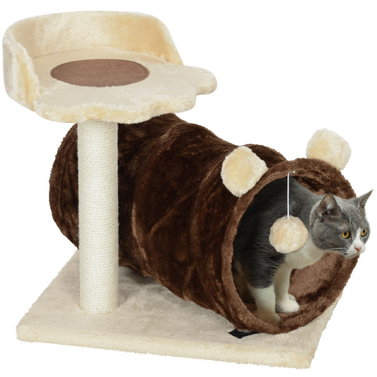 PawHut Árbol Rascador para Gatos Altura 47 cm Árbol para Gatos Torre para Gatos con Túnel Nido Plataformas Bola de Juguete y Poste de Yute Marrón Oscuro