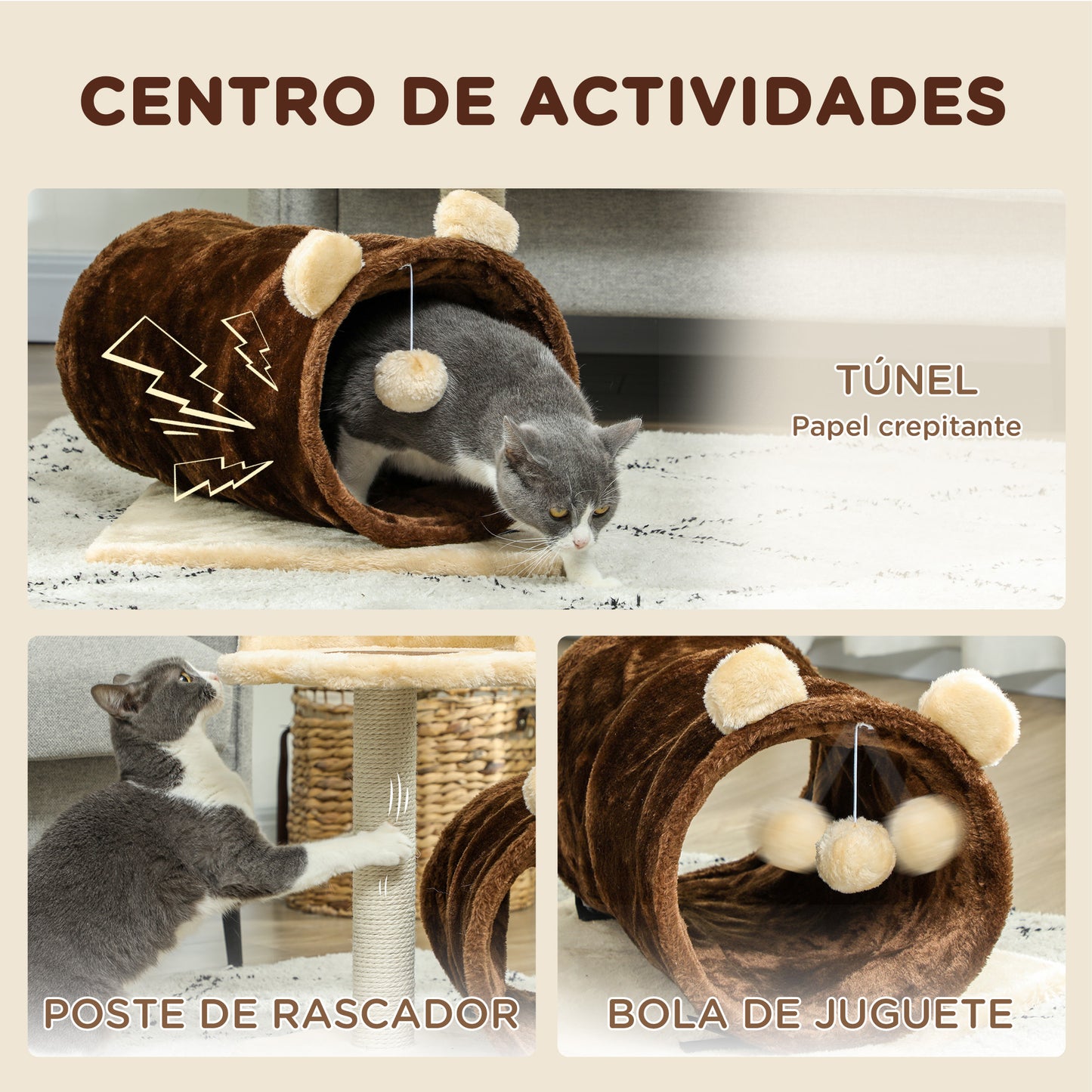 PawHut Árbol Rascador para Gatos Altura 47 cm Árbol para Gatos Torre para Gatos con Túnel Nido Plataformas Bola de Juguete y Poste de Yute Marrón Oscuro