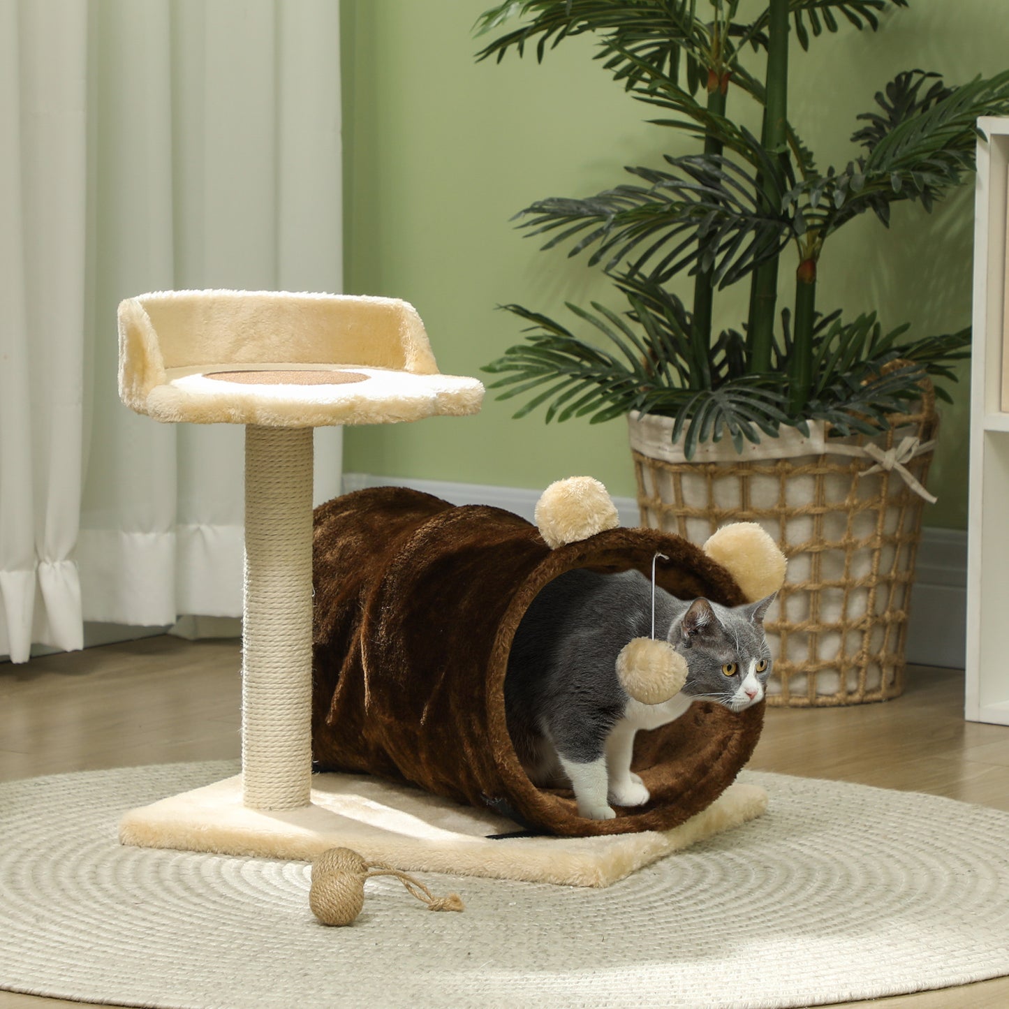 PawHut Árbol Rascador para Gatos Altura 47 cm Árbol para Gatos Torre para Gatos con Túnel Nido Plataformas Bola de Juguete y Poste de Yute Marrón Oscuro