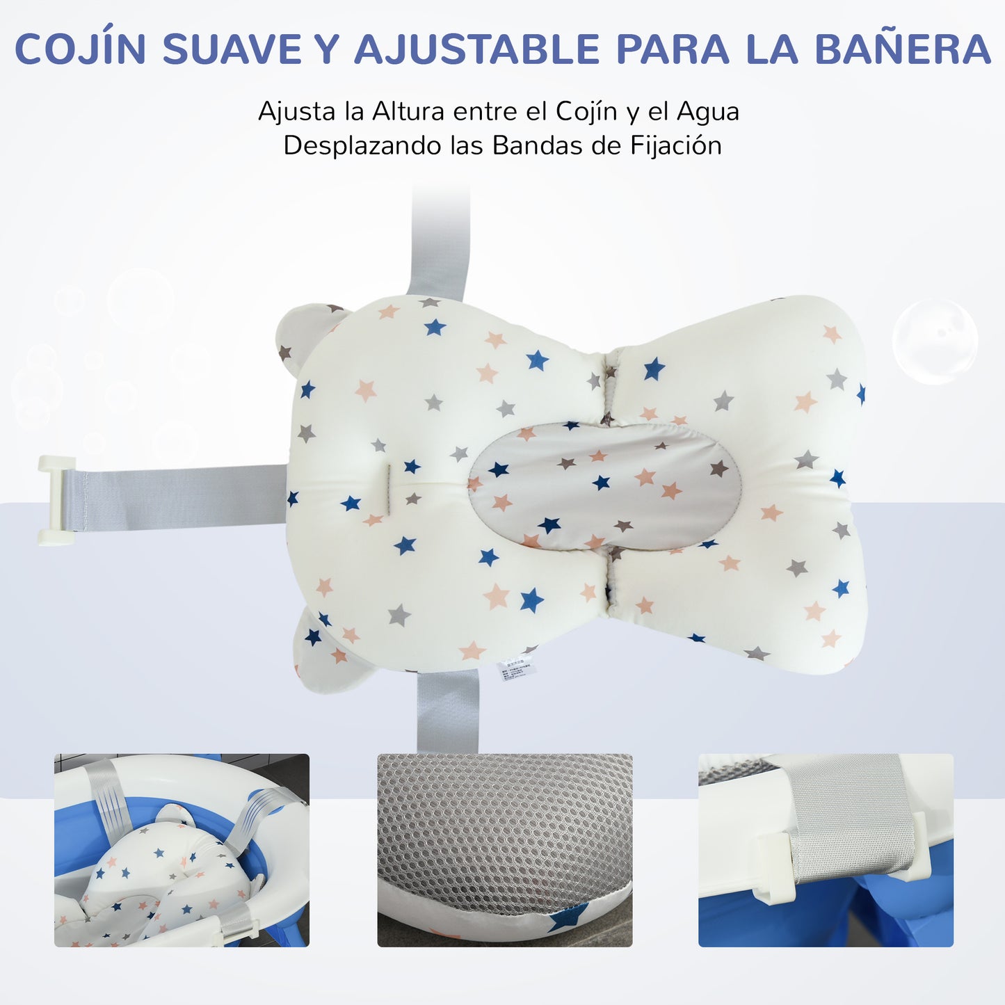 HOMCOM Bañera Plegable para Bebé Recién Nacido hasta 3 Años 81,5x50,5x23,5 cm con Tapón Termosensible Cojín y Almohadillas Antideslizantes Azul