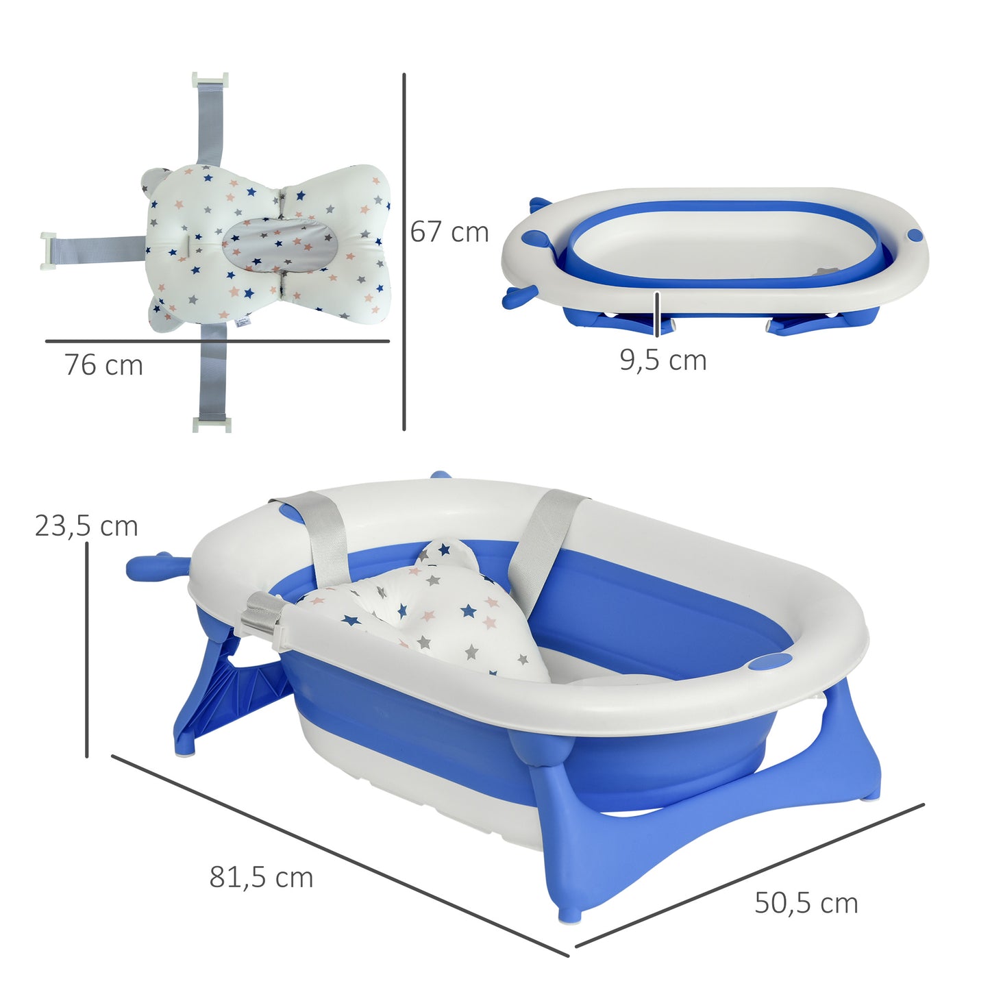 HOMCOM Bañera Plegable para Bebé Recién Nacido hasta 3 Años 81,5x50,5x23,5 cm con Tapón Termosensible Cojín y Almohadillas Antideslizantes Azul