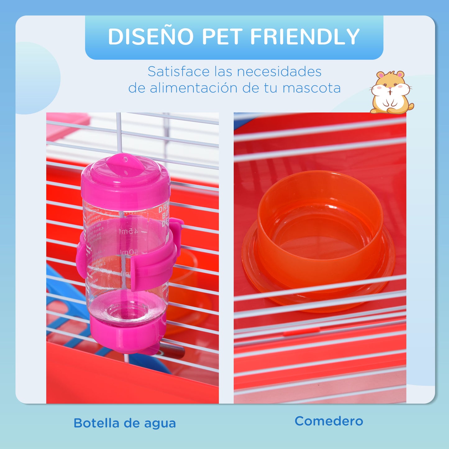 PawHut Jaula para Hámster Casa para Hámster 47x30x27 cm con 1 Piso Comedero Bebedero Rampa Rueda de Ejercicio para Animales Pequeños Blanco y Rojo