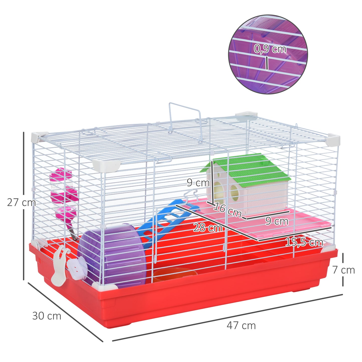 PawHut Jaula para Hámster Casa para Hámster 47x30x27 cm con 1 Piso Comedero Bebedero Rampa Rueda de Ejercicio para Animales Pequeños Blanco y Rojo