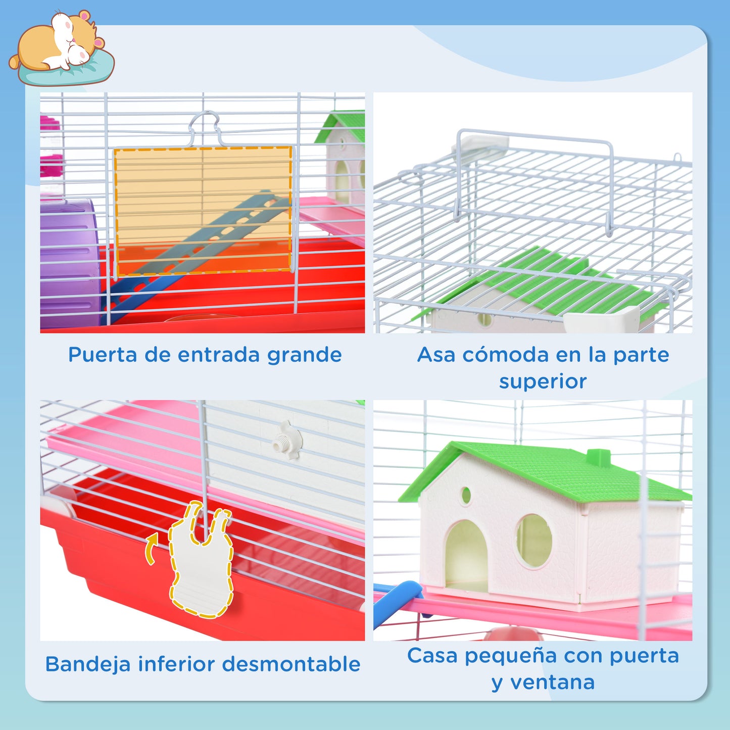 PawHut Jaula para Hámster Casa para Hámster 47x30x27 cm con 1 Piso Comedero Bebedero Rampa Rueda de Ejercicio para Animales Pequeños Blanco y Rojo