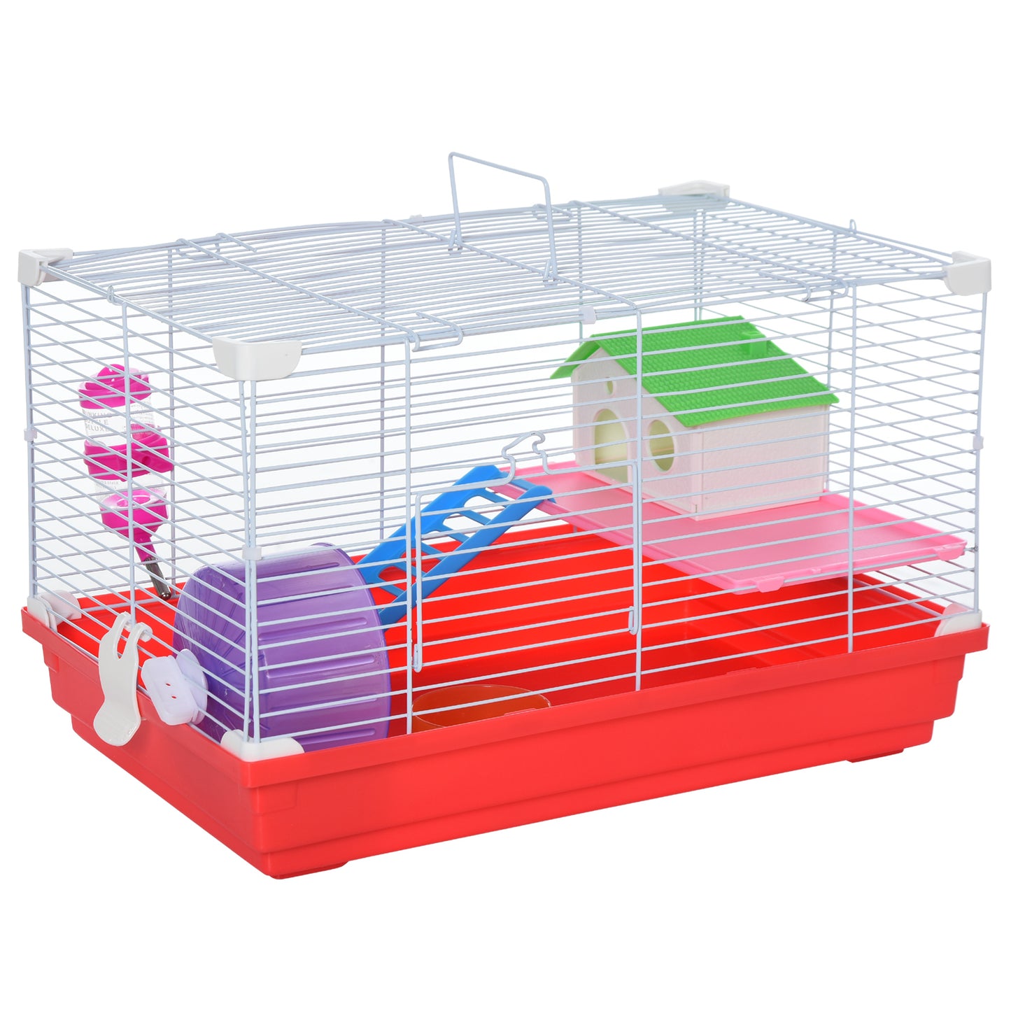 PawHut Jaula para Hámster Casa para Hámster 47x30x27 cm con 1 Piso Comedero Bebedero Rampa Rueda de Ejercicio para Animales Pequeños Blanco y Rojo