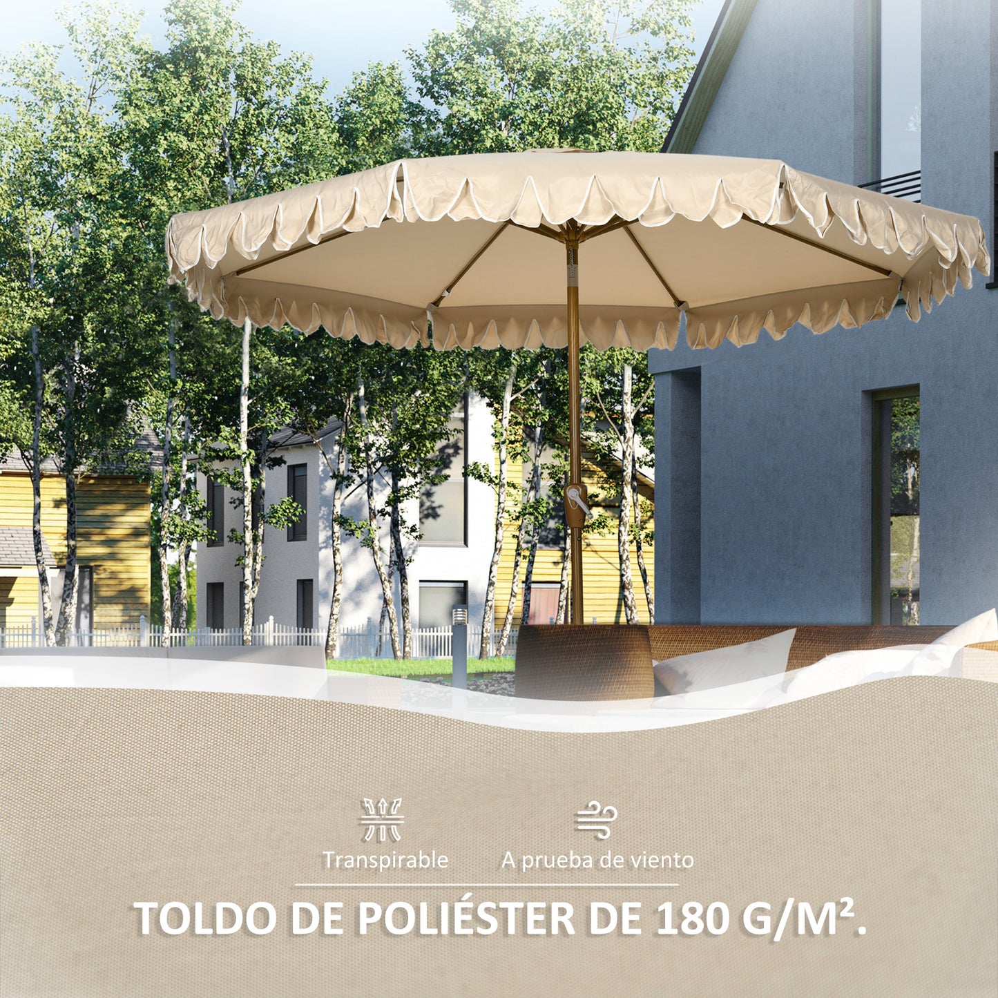 Outsunny Sombrilla de Terraza Ø264x240 cm Parasol de Jardín con Ángulo Ajustable Manivela y Volantes Impermeable para Playa Patio Balcón Caqui