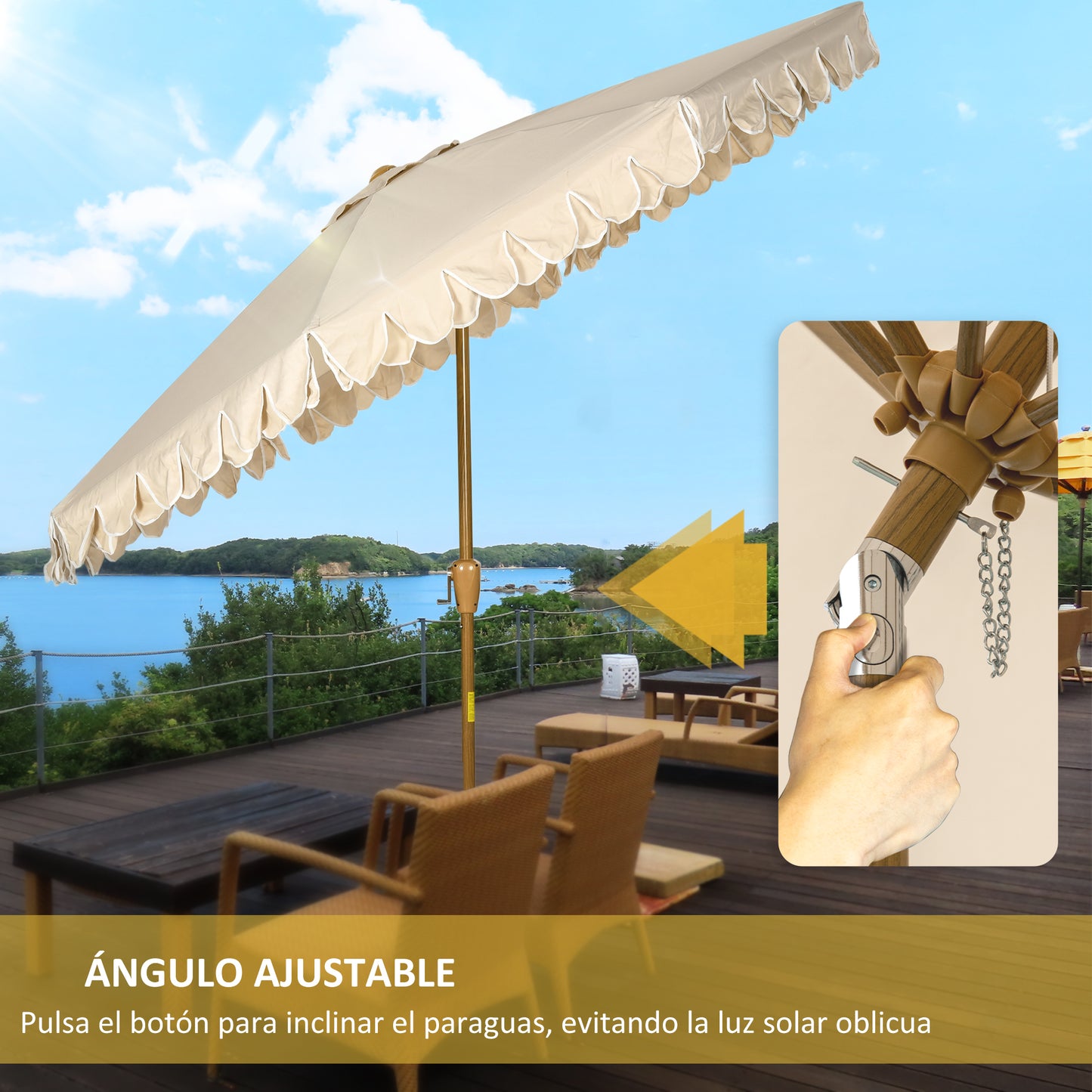 Outsunny Sombrilla de Terraza Ø264x240 cm Parasol de Jardín con Ángulo Ajustable Manivela y Volantes Impermeable para Playa Patio Balcón Caqui