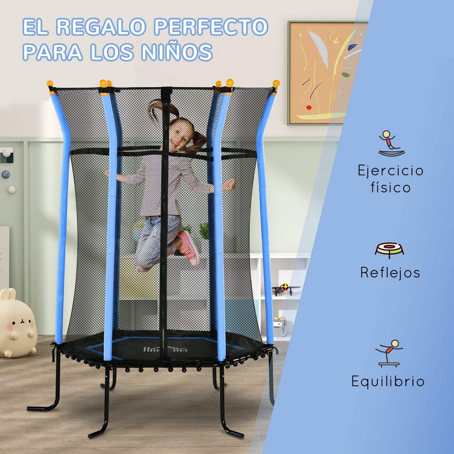 HOMCOM Cama Elástica Infantil de Jardín Ø163,5 cm Trampolín para Niños de +3 Años con Red de Seguridad y Marco de Acero para Interior Exterior Carga 50 kg Negro y Azul