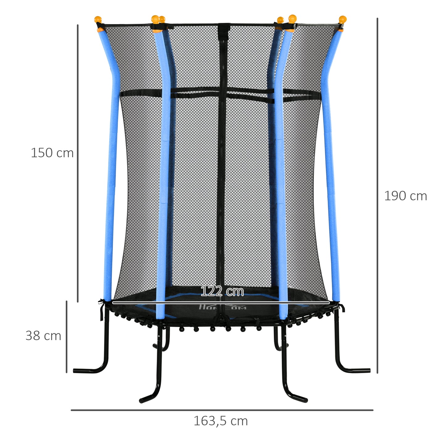 HOMCOM Cama Elástica Infantil de Jardín Ø163,5 cm Trampolín para Niños de +3 Años con Red de Seguridad y Marco de Acero para Interior Exterior Carga 50 kg Negro y Azul