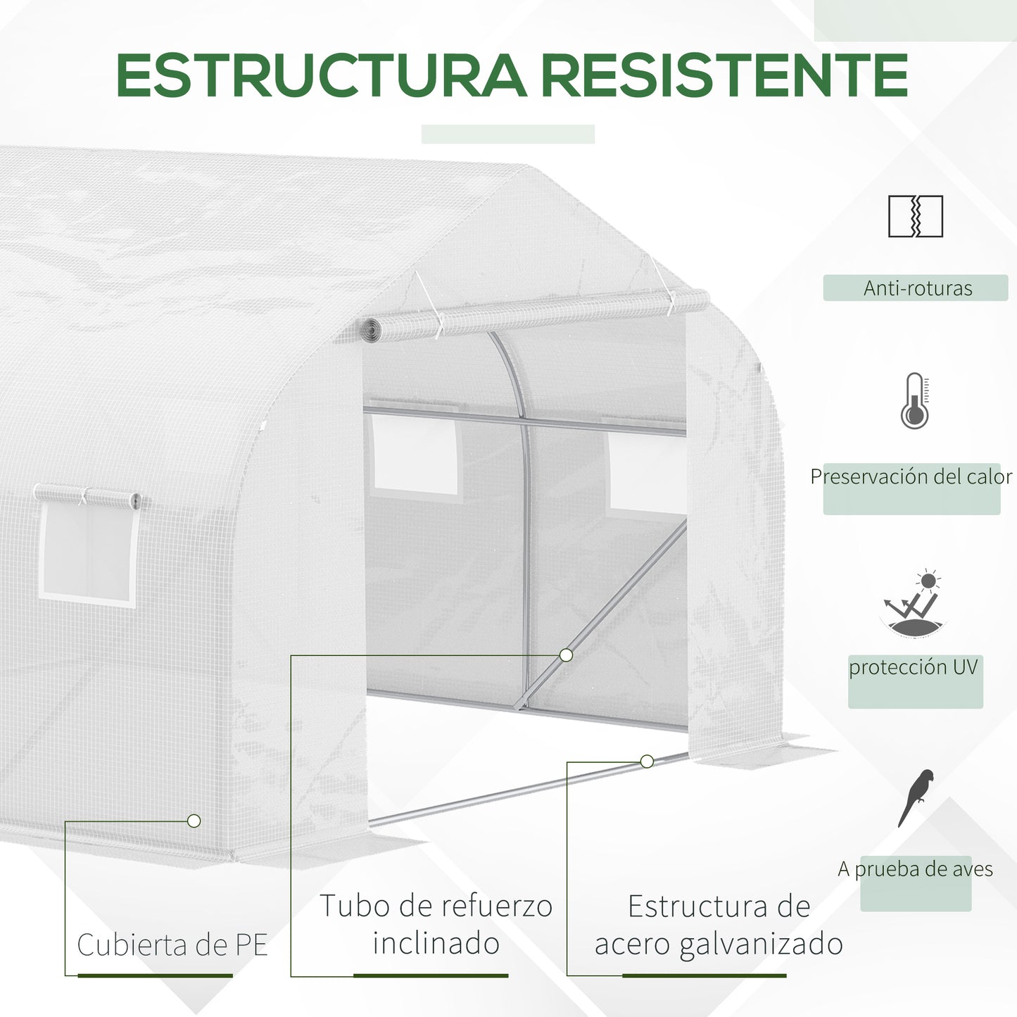 Outsunny Conjunto de Invernadero de Túnel y Cubierta de Repuesto con Puerta y 6 Ventanas Enrollables Anti-UV para Cultivos Plantas Flores 3,5x3x2 m Blanco