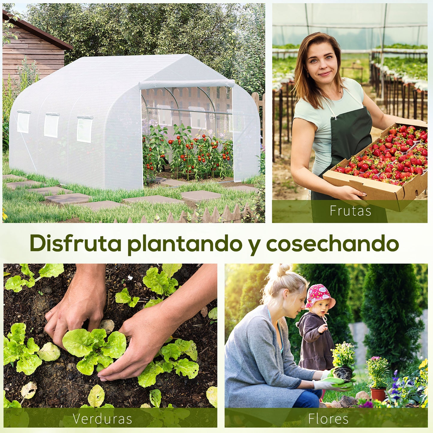 Outsunny Conjunto de Invernadero de Túnel y Cubierta de Repuesto con Puerta y 6 Ventanas Enrollables Anti-UV para Cultivos Plantas Flores 3,5x3x2 m Blanco